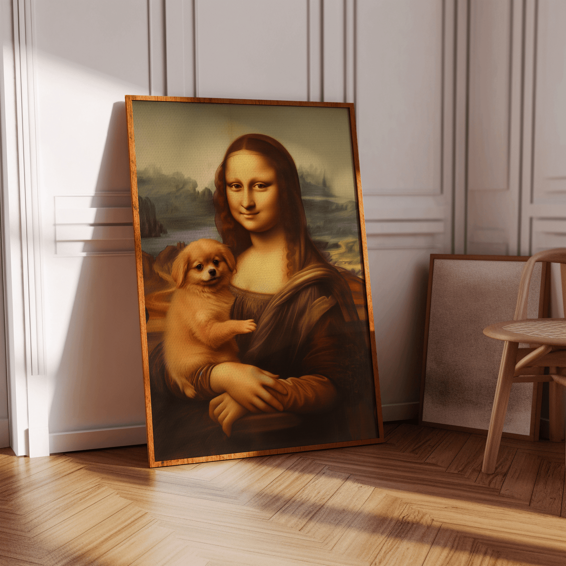 Painting of Mona Lisa holding a pomeranian puppy, in a white Victorian hallway in view of natural sunlight - Paw Prints