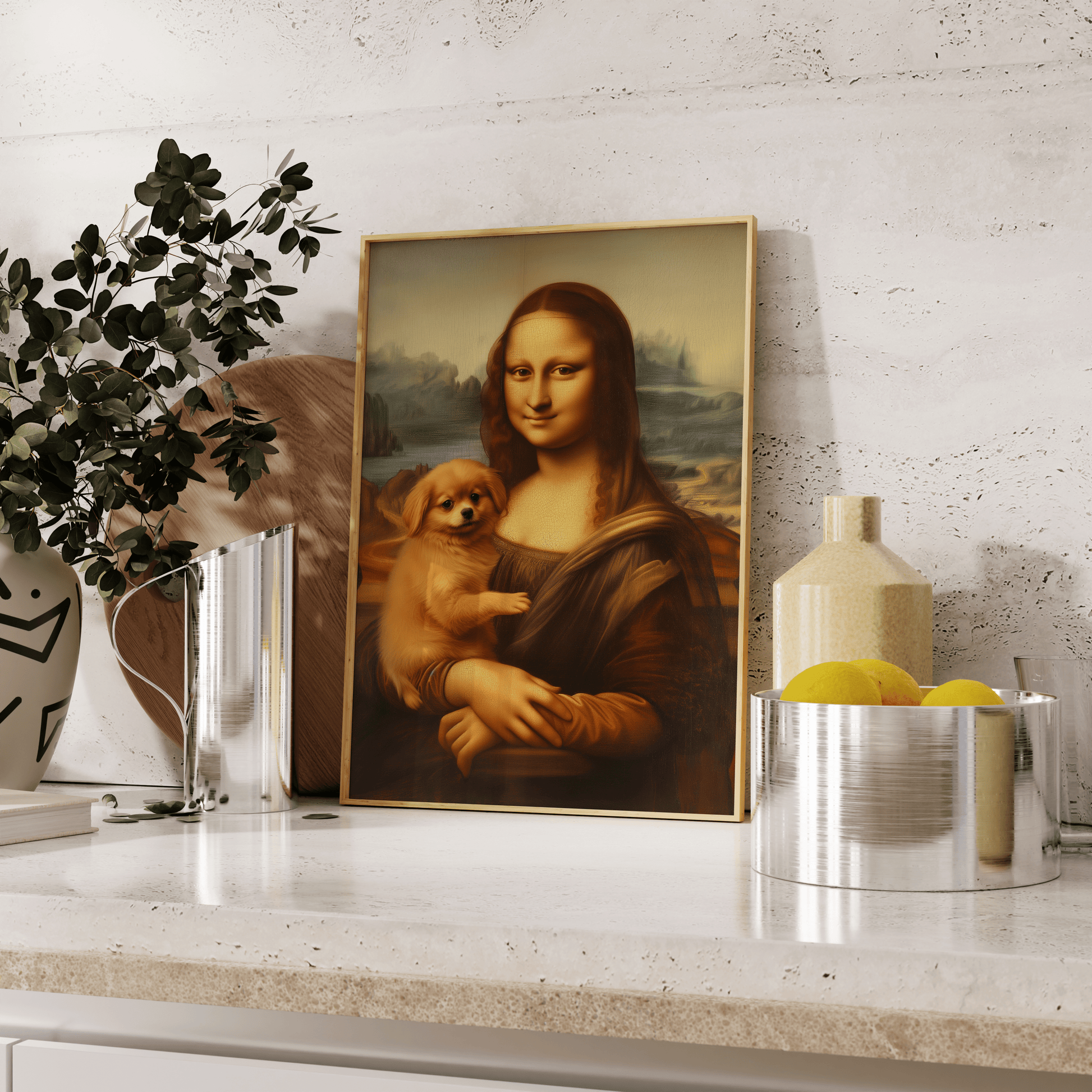 Painting of Mona Lisa holding a pomeranian puppy, leaning against the kitchen counter - Paw Prints