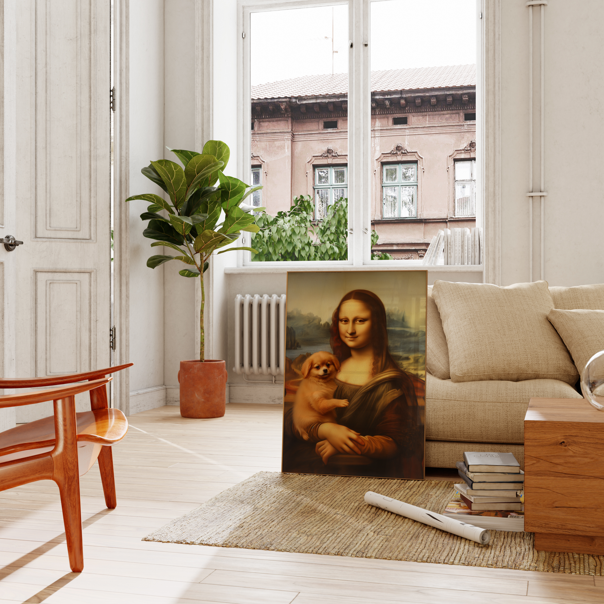 Painting of Mona Lisa holding a pomeranian puppy, leaning on a couch in the living room - Paw Prints