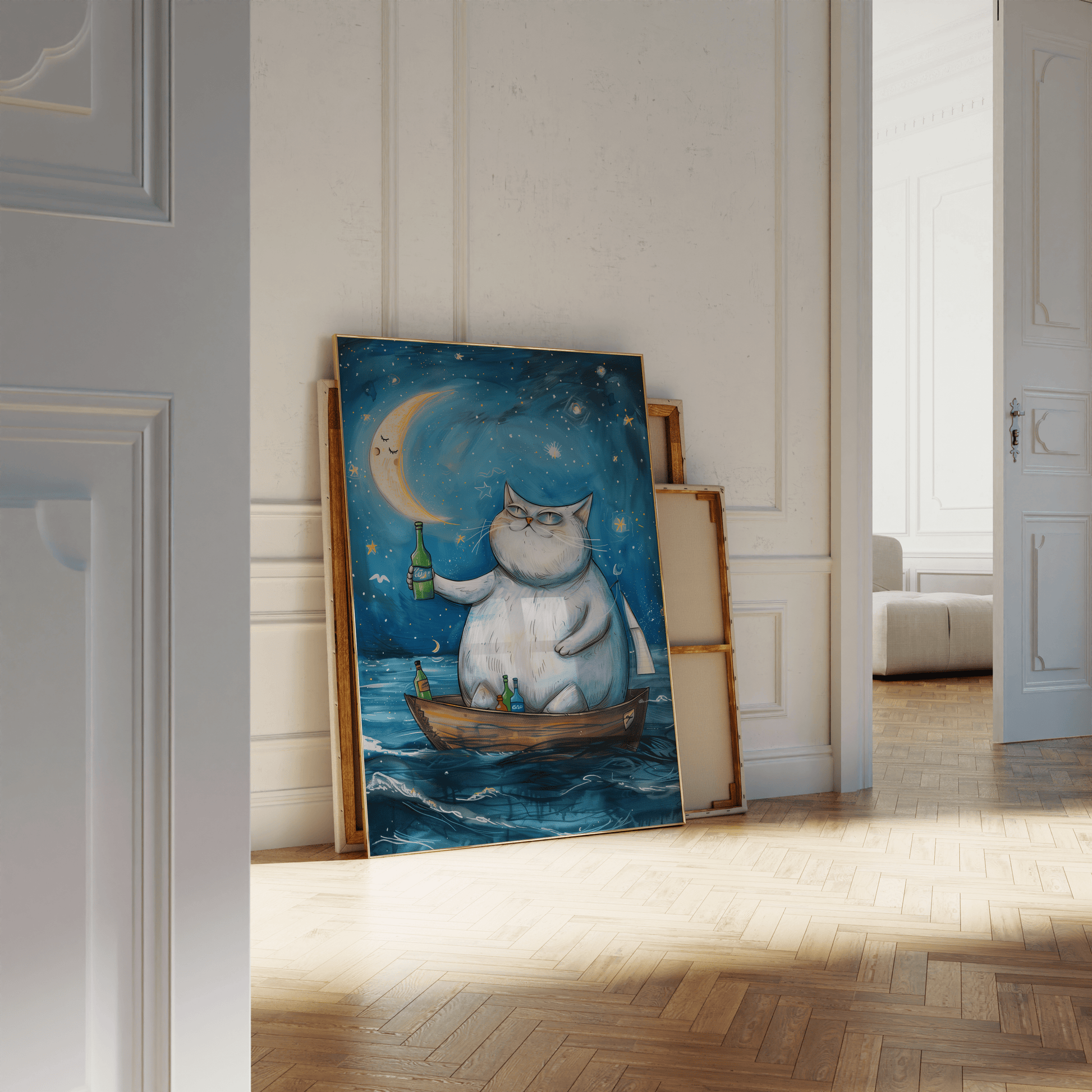 Painting of a fat cat on a rowboat, drinking alcohol and cheering the moon, leaning against a white bathroom wall - Paw Prints