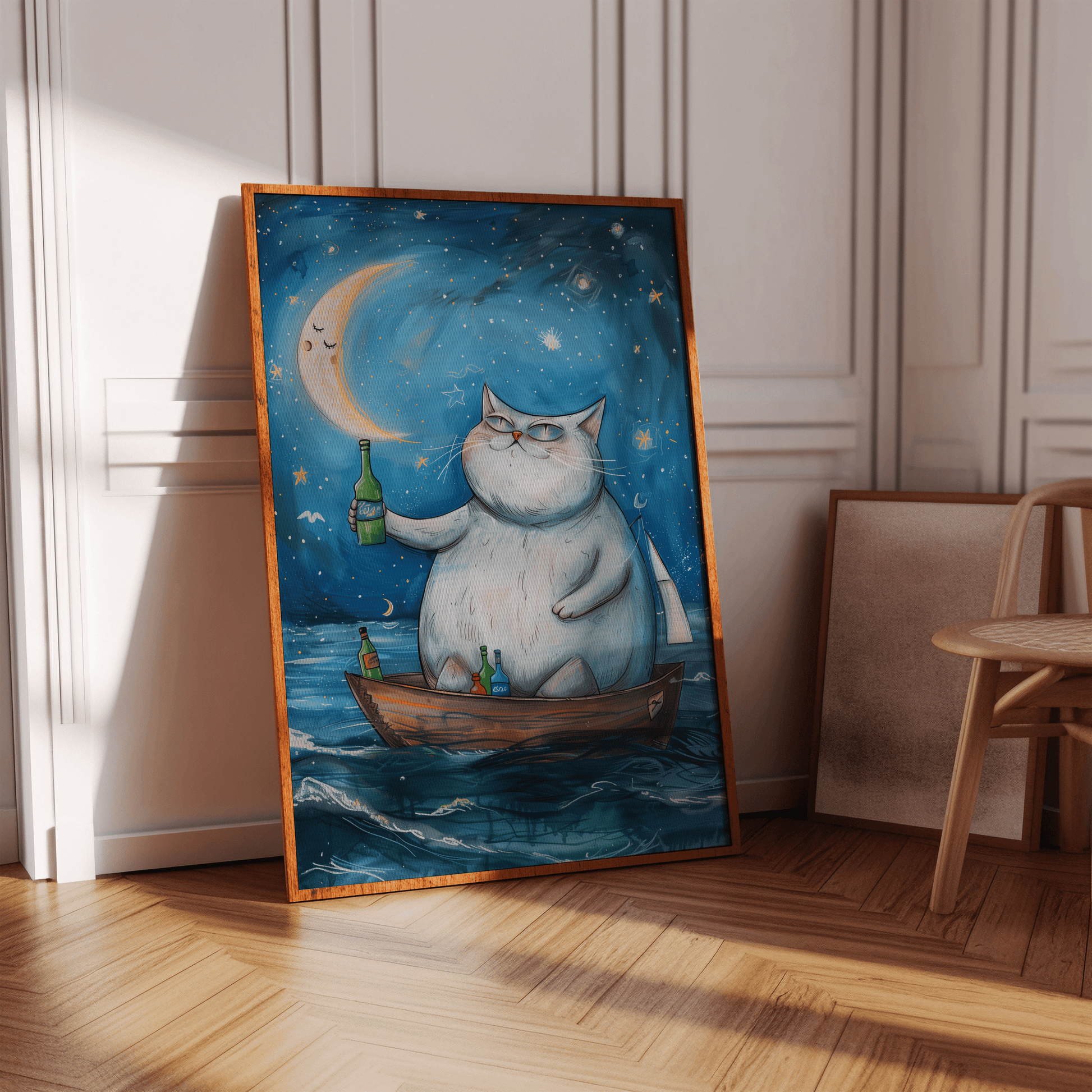 Painting of a fat cat on a rowboat, drinking alcohol and cheering the moon, on a blank wall - Paw Prints