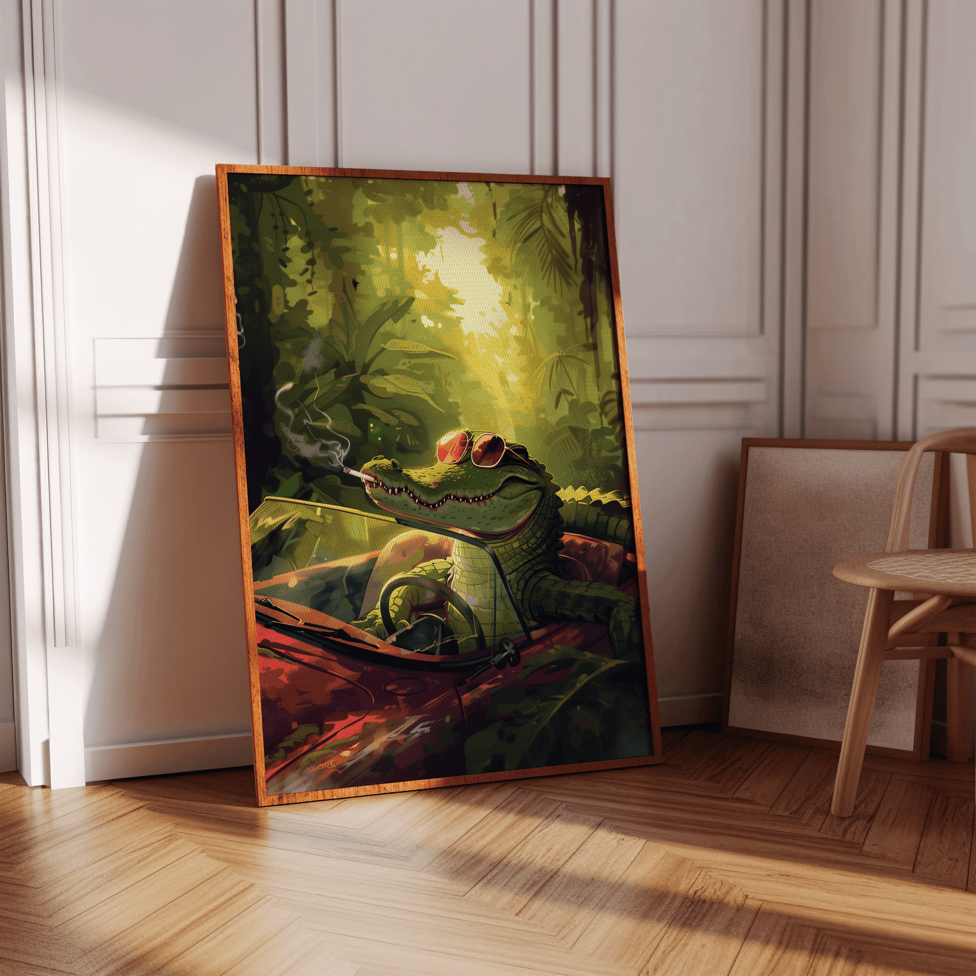 Painting of a pimp crocodile drifting his car in the jungle while smoking a cigarette, in a hallway - Paw Prints
