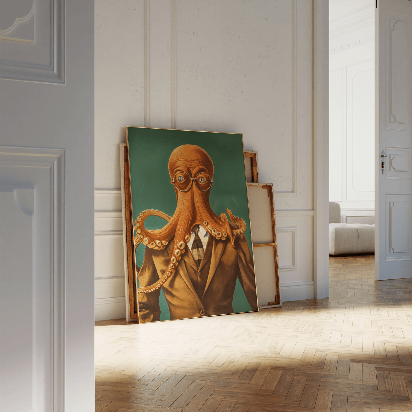 Vintage painting of an octopus wearing glasses and a suit, leaning against a white bathroom wall - Paw Prints