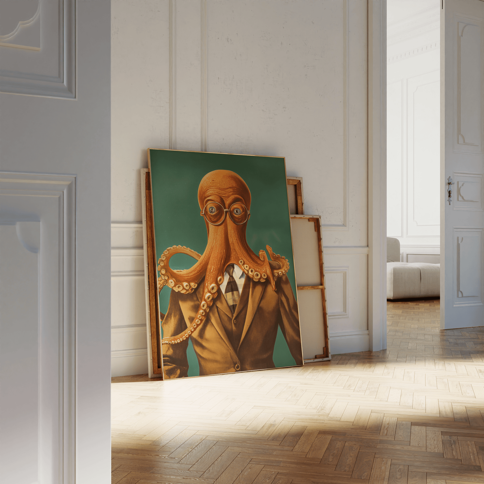Vintage painting of an octopus wearing glasses and a suit, leaning against a white bathroom wall - Paw Prints