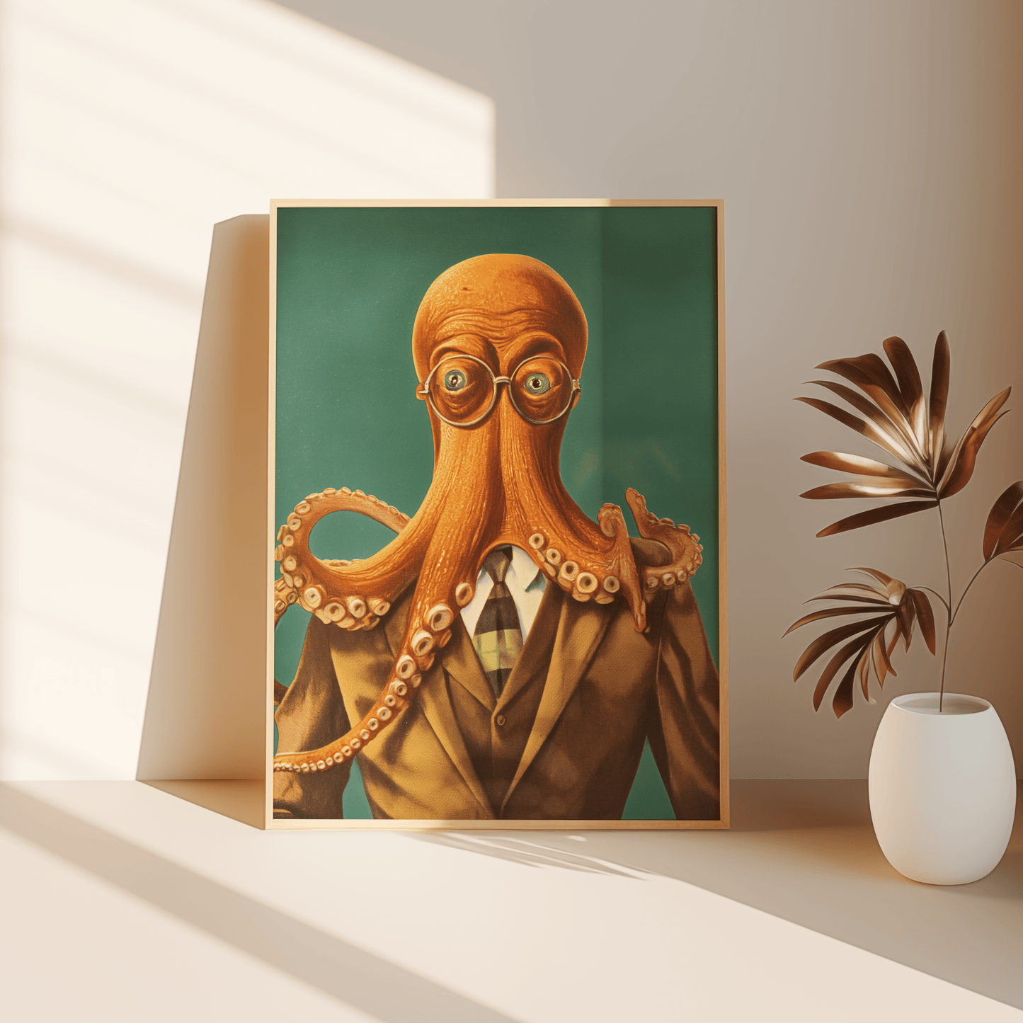 Vintage painting of an octopus wearing glasses and a suit, leaning against the bedroom floor - Paw Prints
