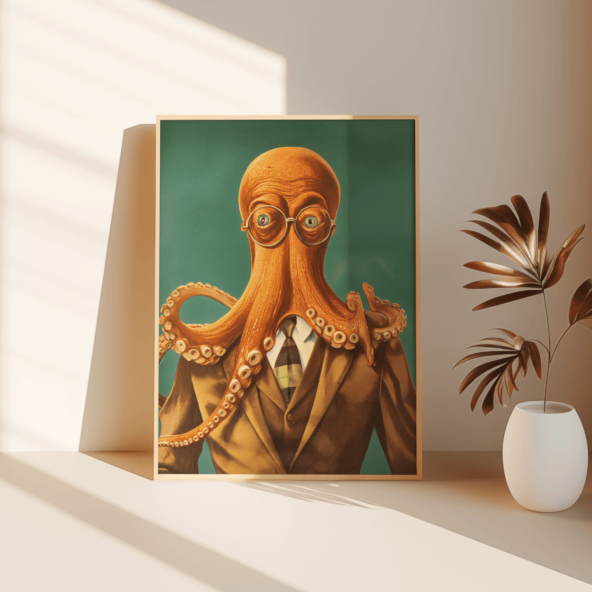 Vintage painting of an octopus wearing glasses and a suit, leaning against the bedroom floor - Paw Prints
