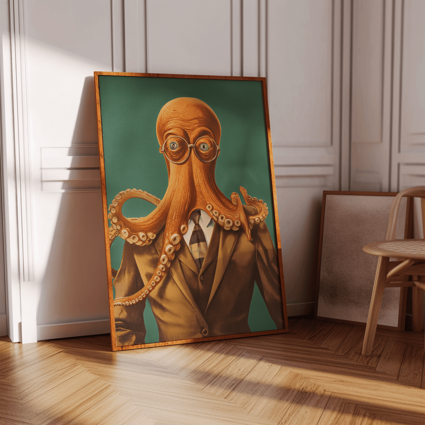 Vintage painting of an octopus wearing glasses and a suit, in a hallway - Paw Prints