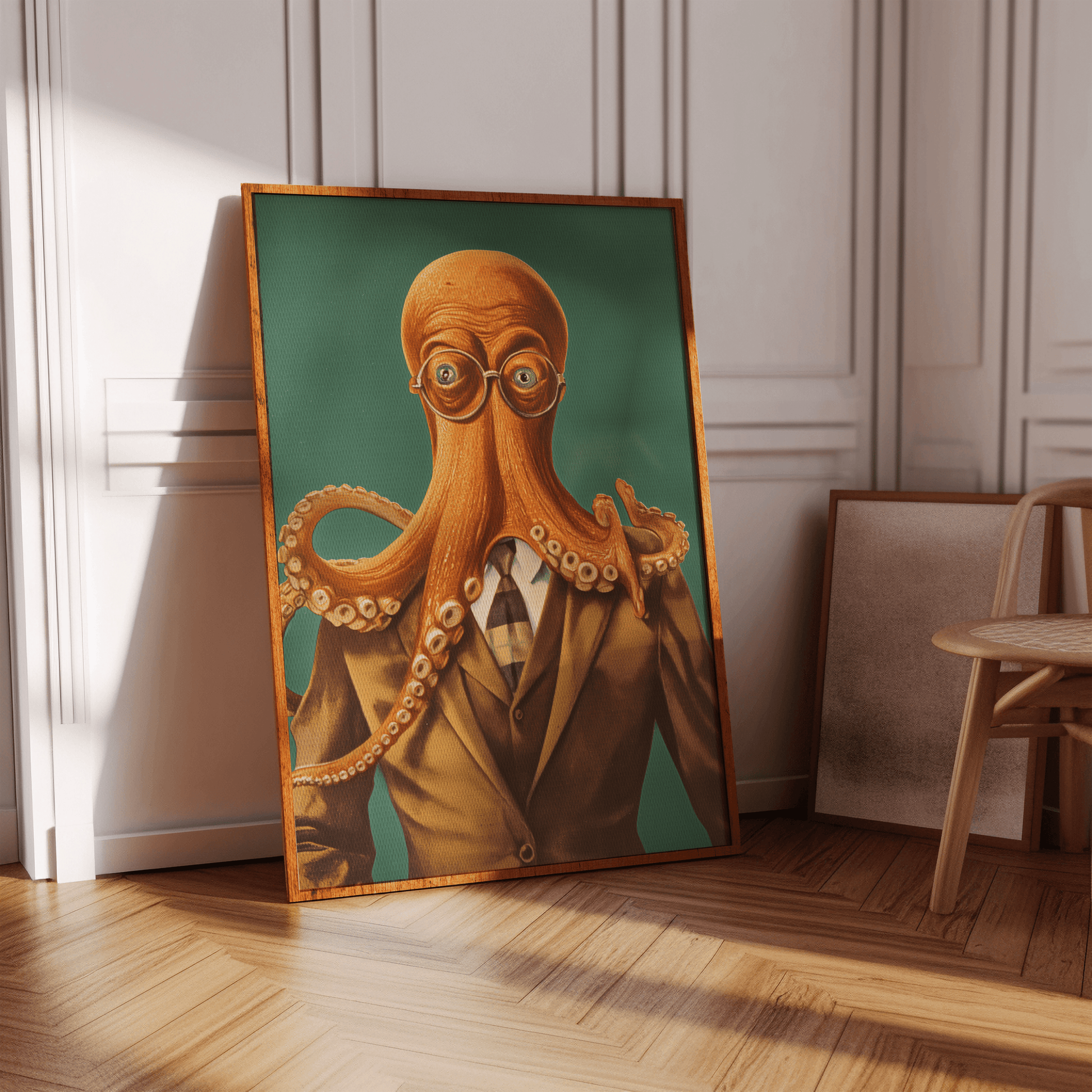 Vintage painting of an octopus wearing glasses and a suit, in a hallway - Paw Prints