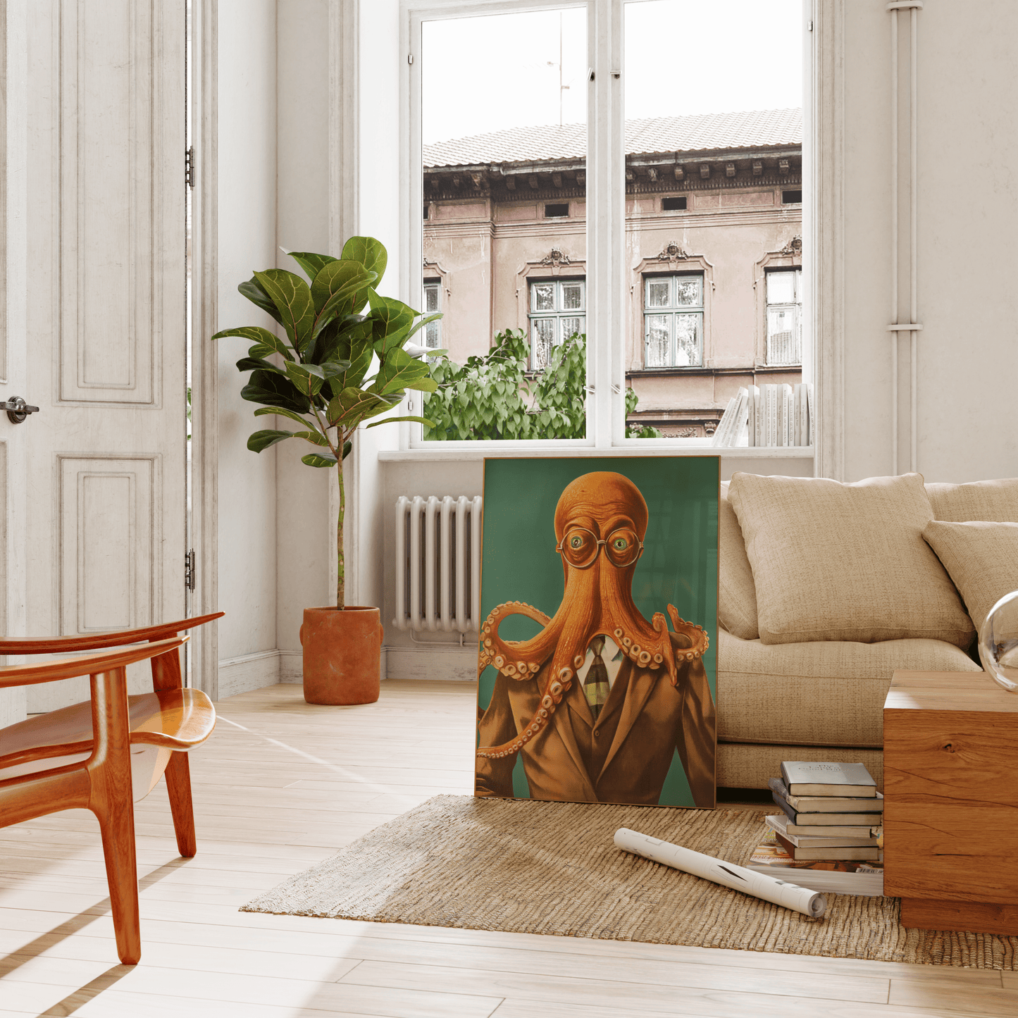 Vintage painting of an octopus wearing glasses and a suit, leaning on a couch in the living room - Paw Prints
