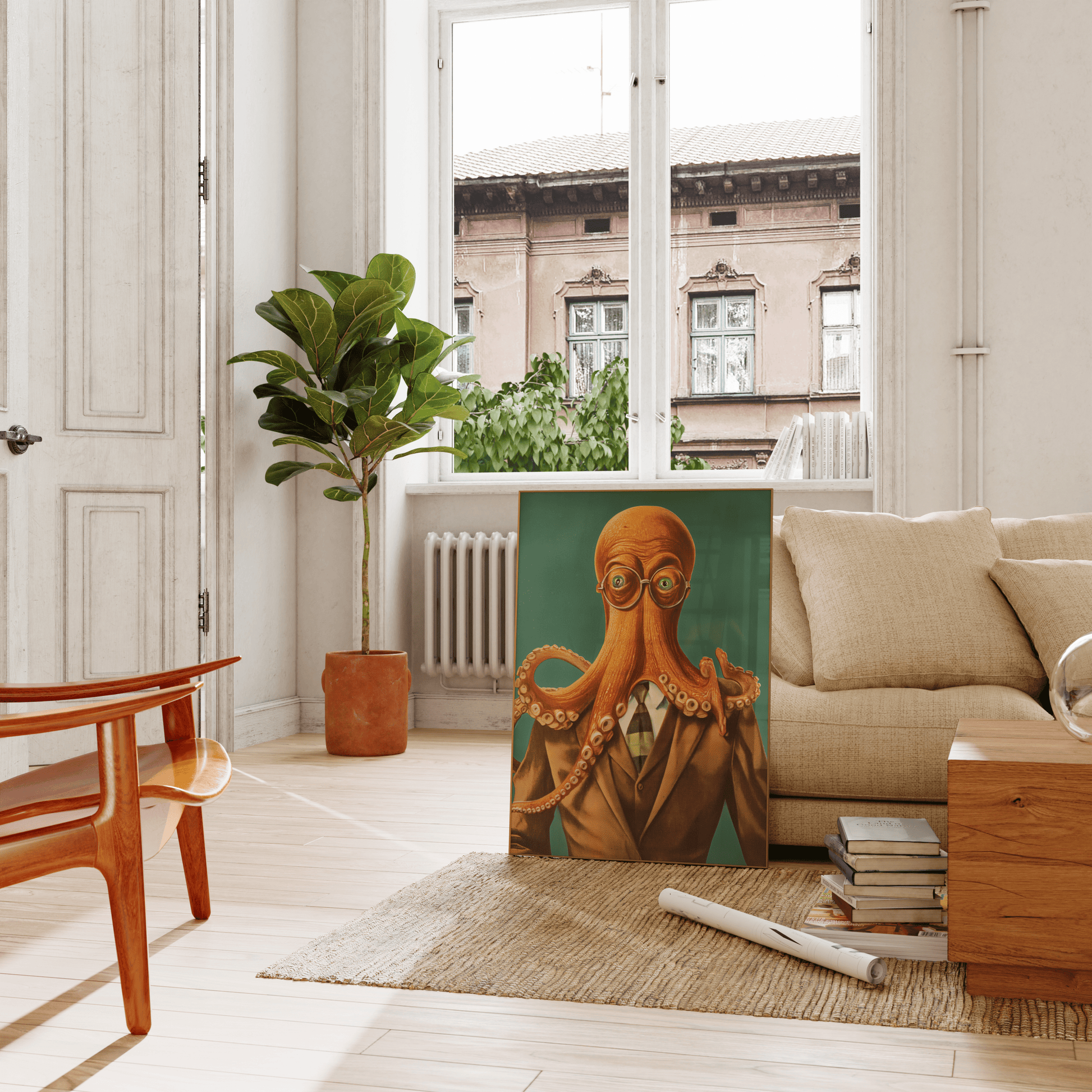 Vintage painting of an octopus wearing glasses and a suit, leaning on a couch in the living room - Paw Prints