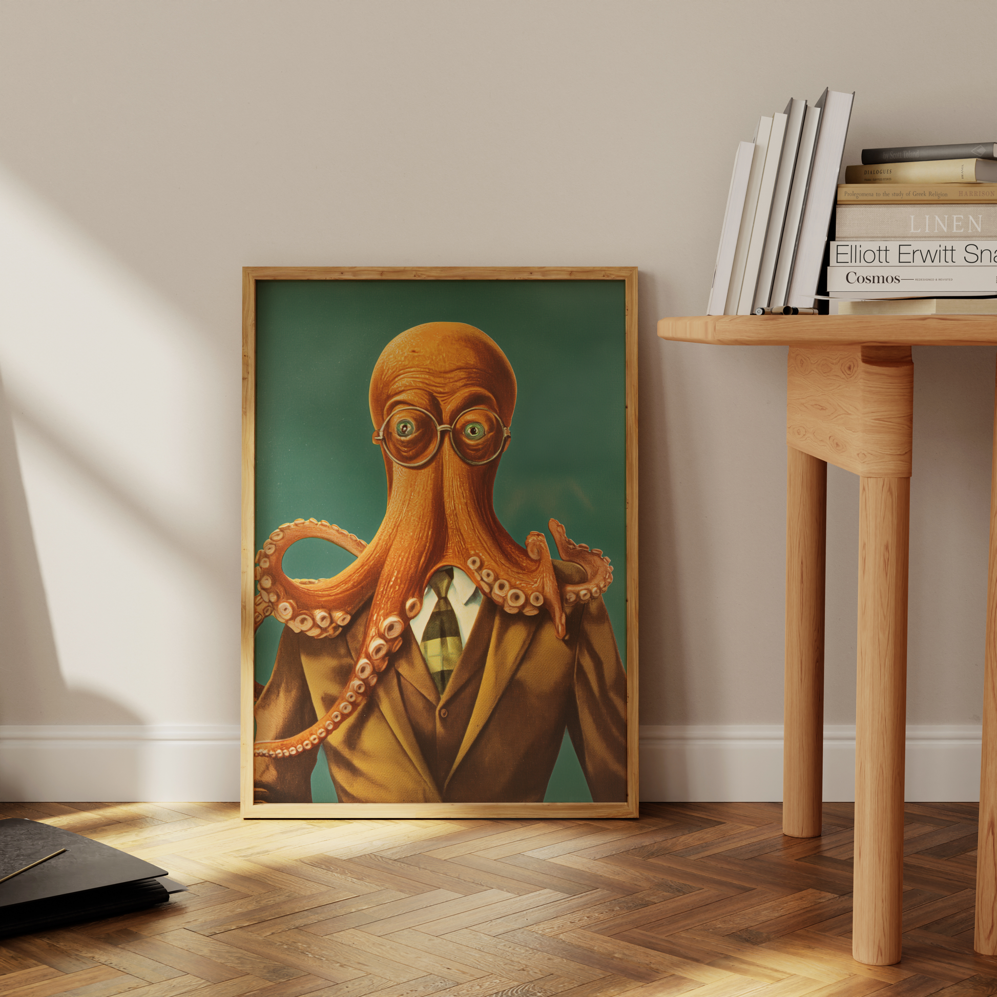 Vintage painting of an octopus wearing glasses and a suit, leaning against the office wall - Paw Prints