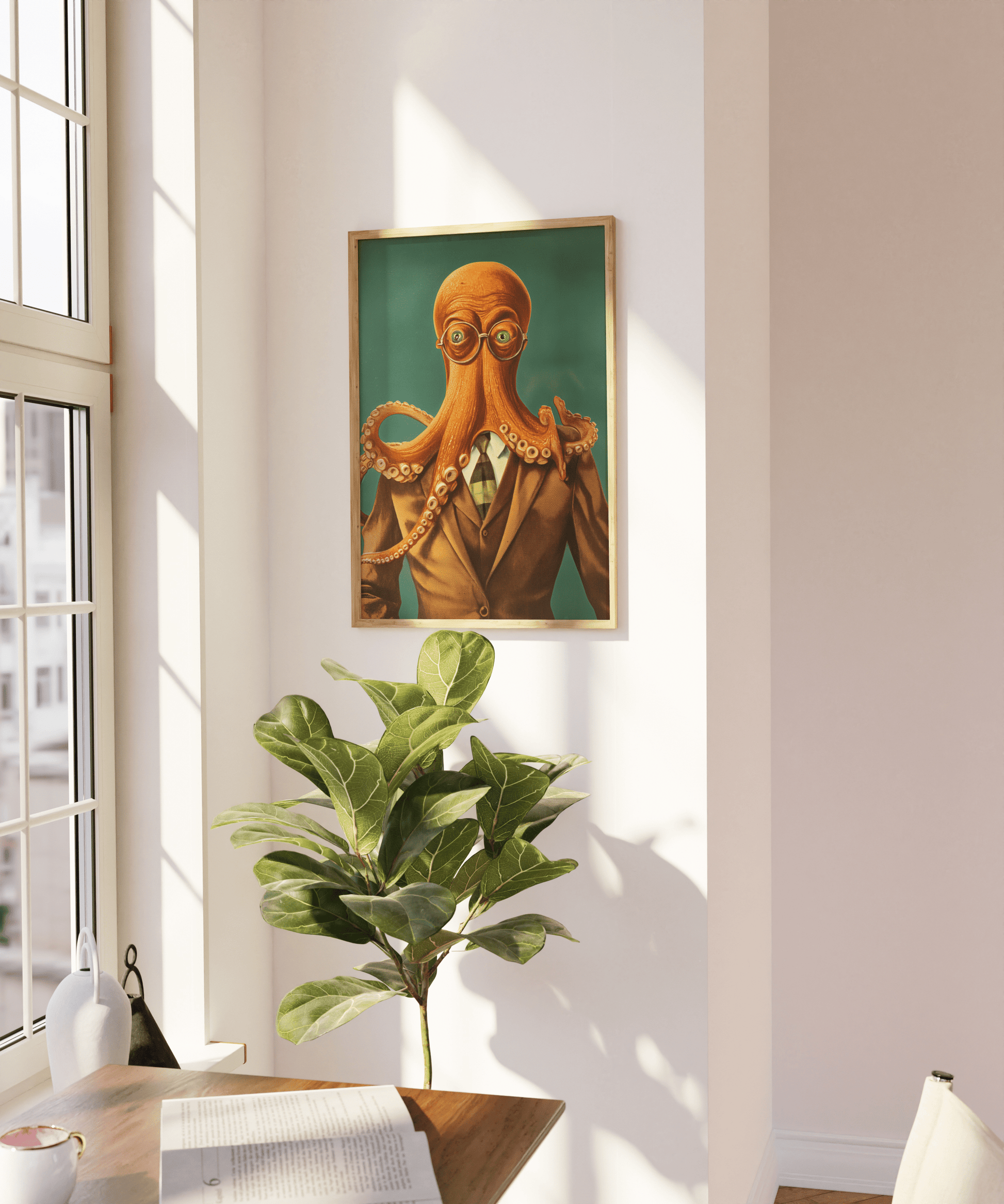 Vintage painting of an octopus wearing glasses and a suit, on a blank wall - Paw Prints