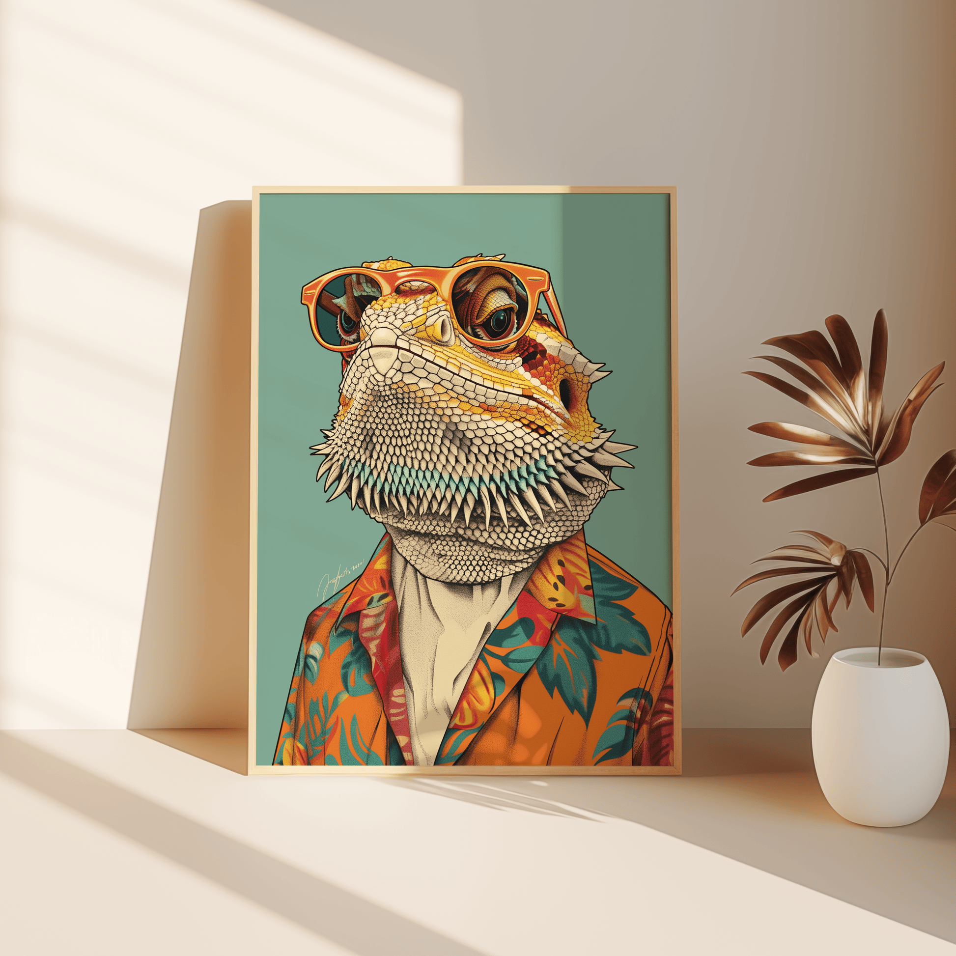 Paw Prints retro Bearded Dragon with sunglasses and a Hawaiian shirt framed poster, leaning against the bedroom floor. 