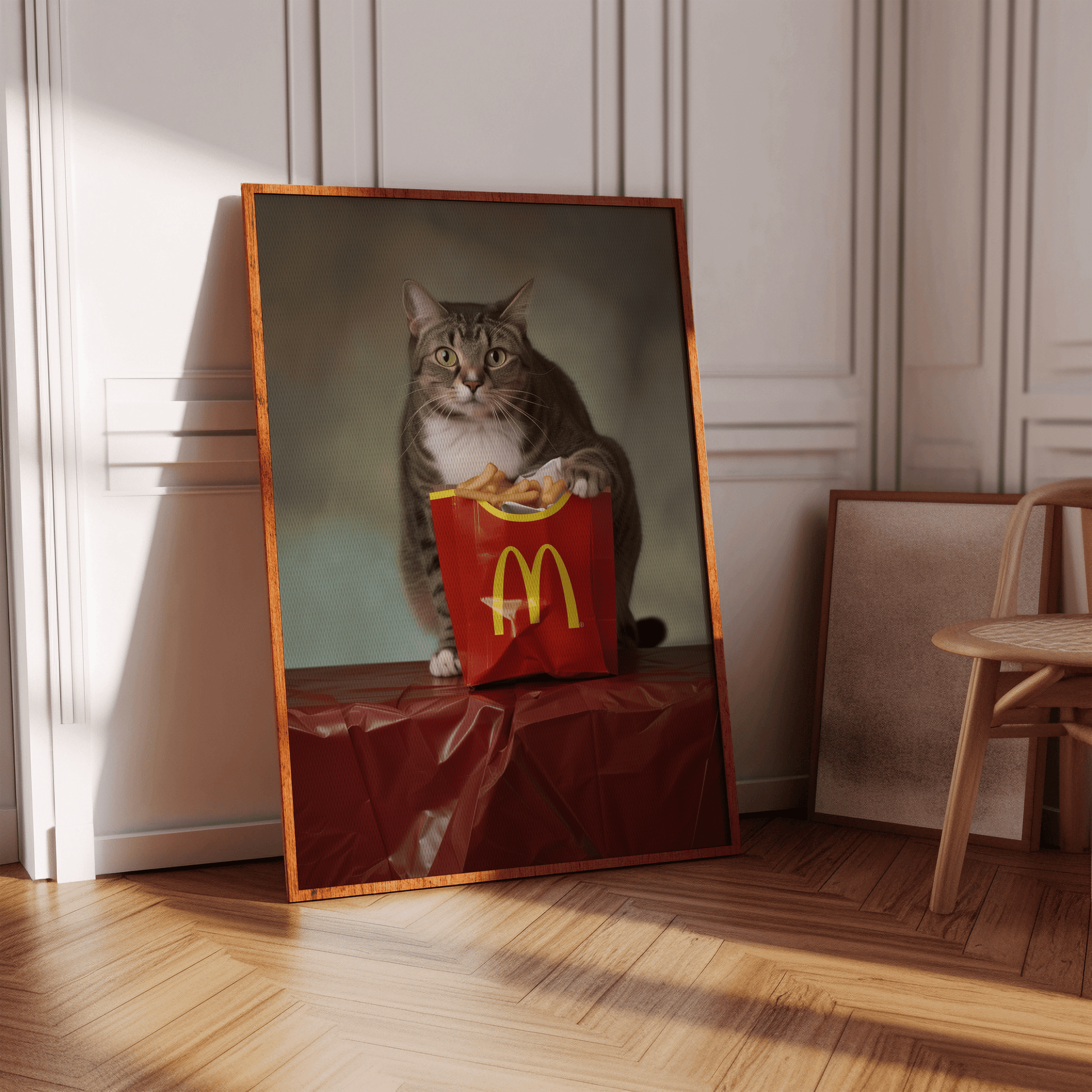 A photoshoot of a cat with its paws on McDonalds fries, promotional style, in a hallway - Paw Prints 