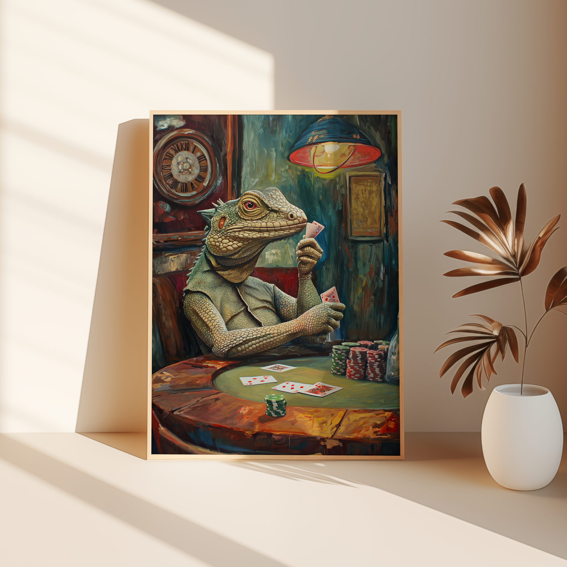 Oil painting of an iguana playing poker at a casino, leaning against the bedroom floor - Paw Prints