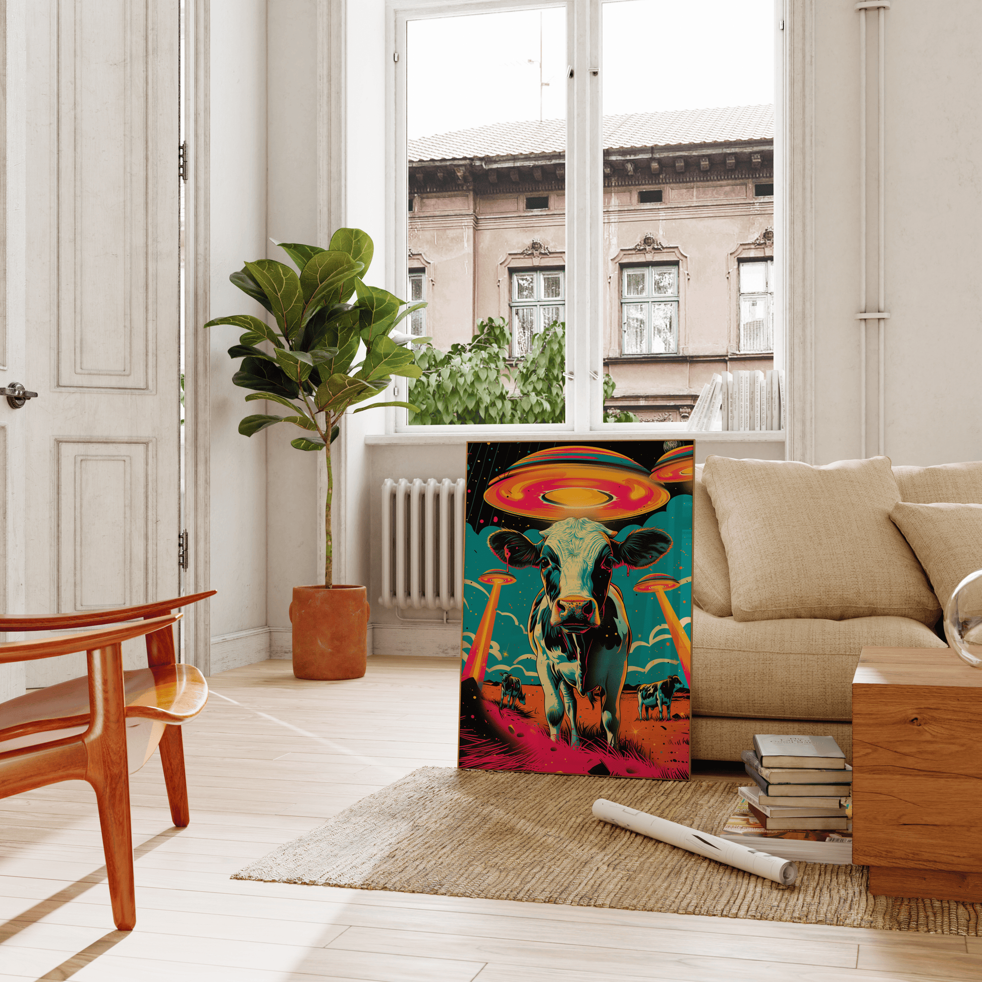 Retro poster with a close-up of a cow with alien UFOs in the background, leaning on a couch in the living room - Paw Prints