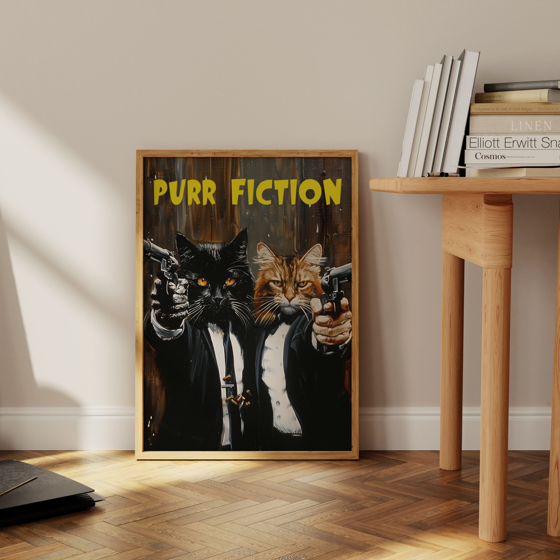 Two cats wearing suits, pointing guns with the title "Purr Fiction", leaning against the office wall - Paw Prints
