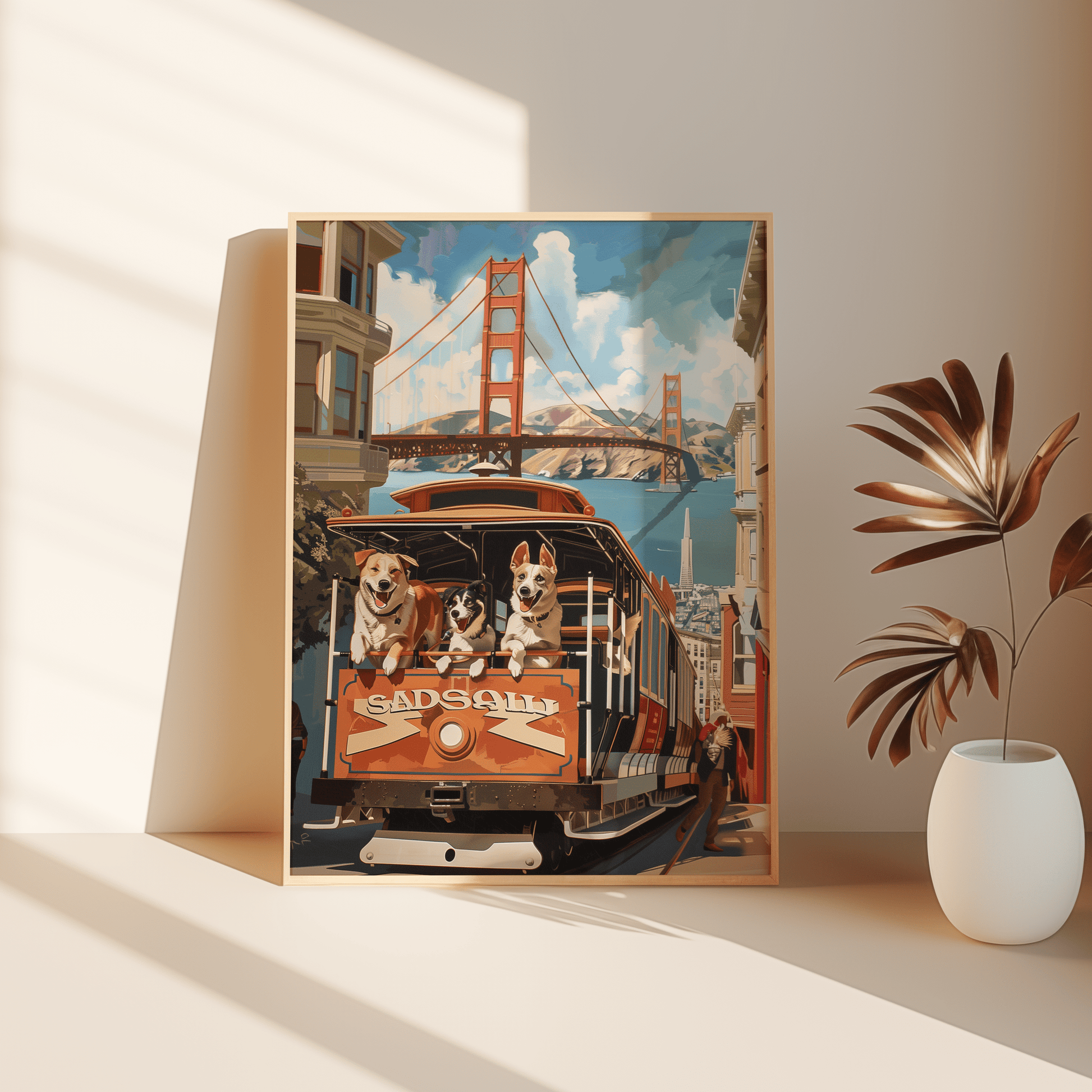 Painting of three dogs on a San Fransisco trolley, next to Golden Gate Bridge, leaning against the bedroom floor - Paw Prints