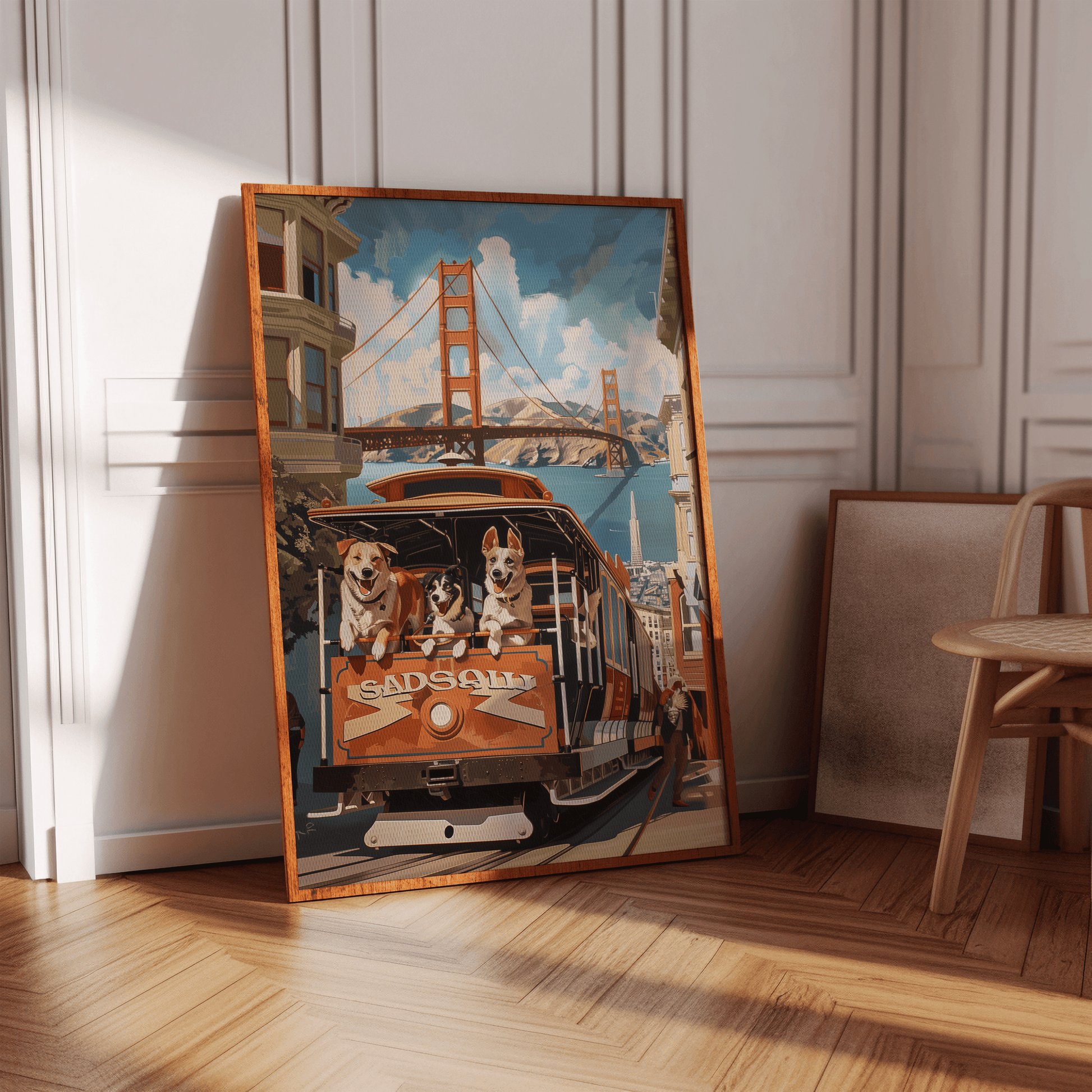Painting of a gang of three dogs on a San Fransisco trolley, in view of the Golden Gate Bridge, in a hallway - Paw Prints
