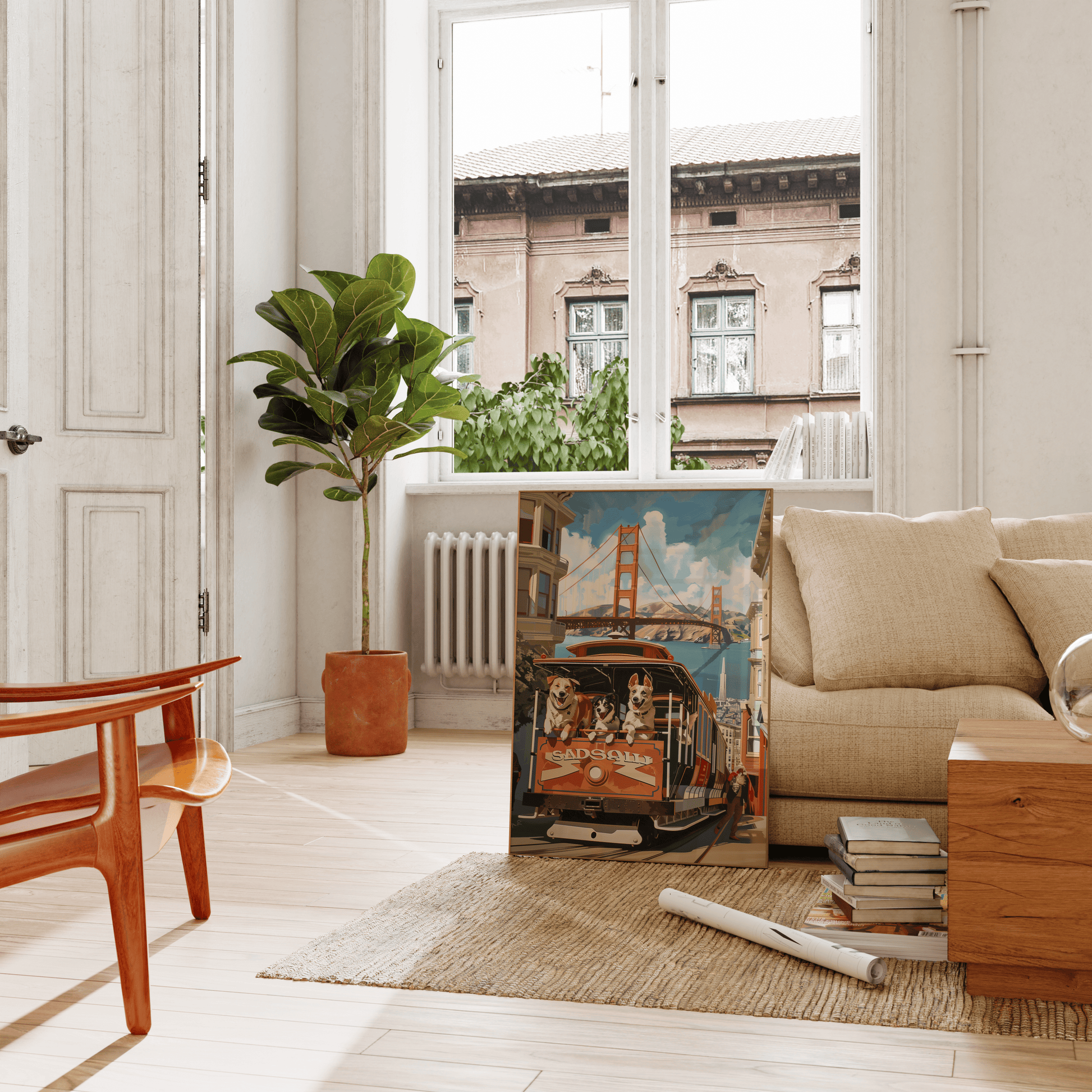 Painting of three dogs on a San Fransisco trolley, next to Golden Gate Bridge, leaning against the living room couch - Paw Prints