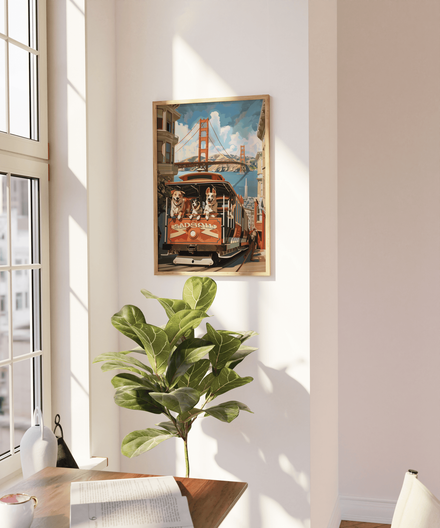Painting of three dogs on a San Fransisco trolley, next to Golden Gate Bridge, on a blank wall - Paw Prints