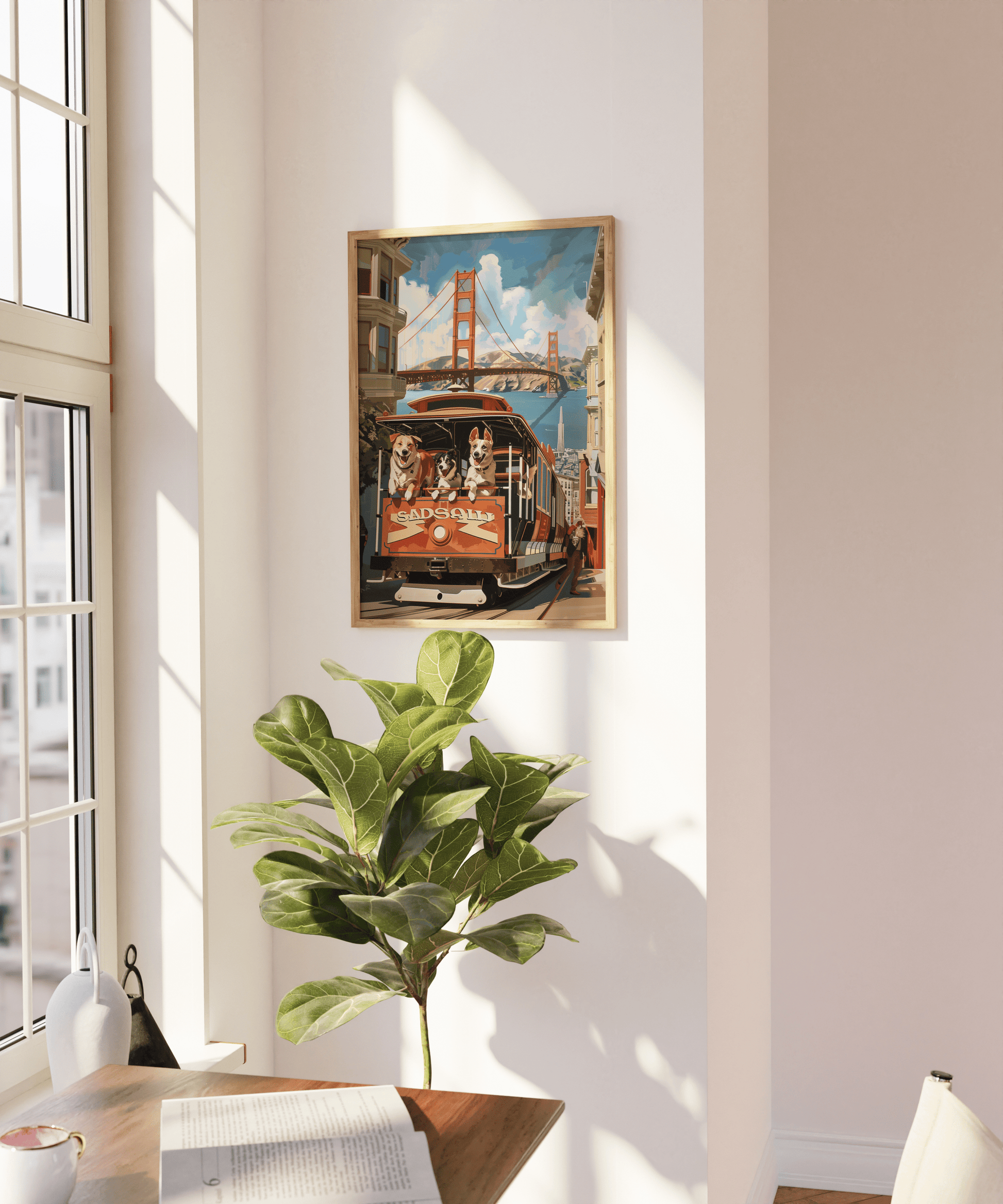 Painting of three dogs on a San Fransisco trolley, next to Golden Gate Bridge, on a blank wall - Paw Prints