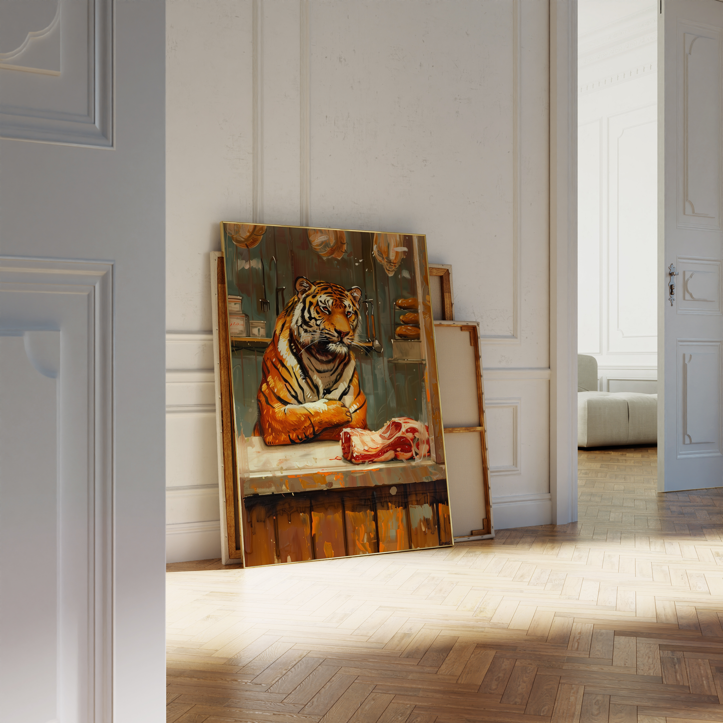 Paw Prints framed poster of a tiger butcher shop owner, with meat right in front of it, leaning against a white bathroom wall. 