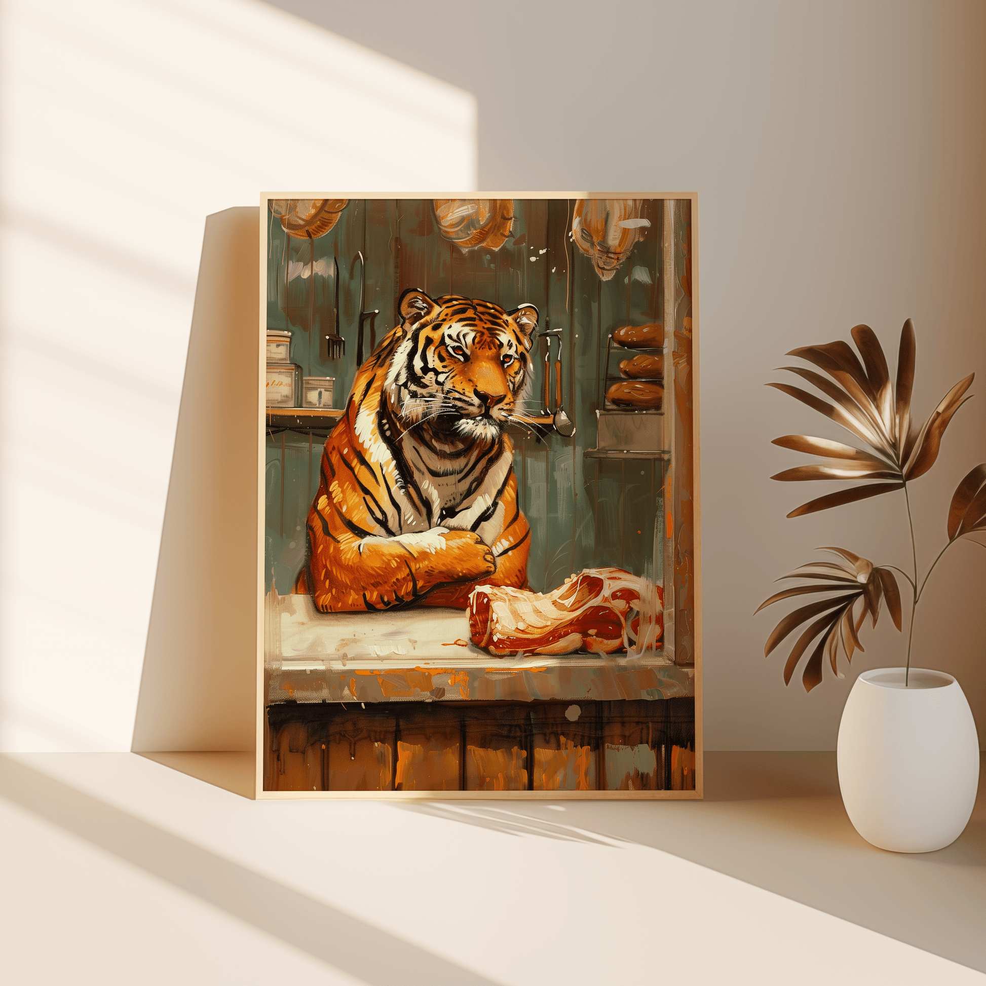 Paw Prints framed poster of a tiger butcher shop owner, with meat right in front of it, leaning against the bedroom floor. 