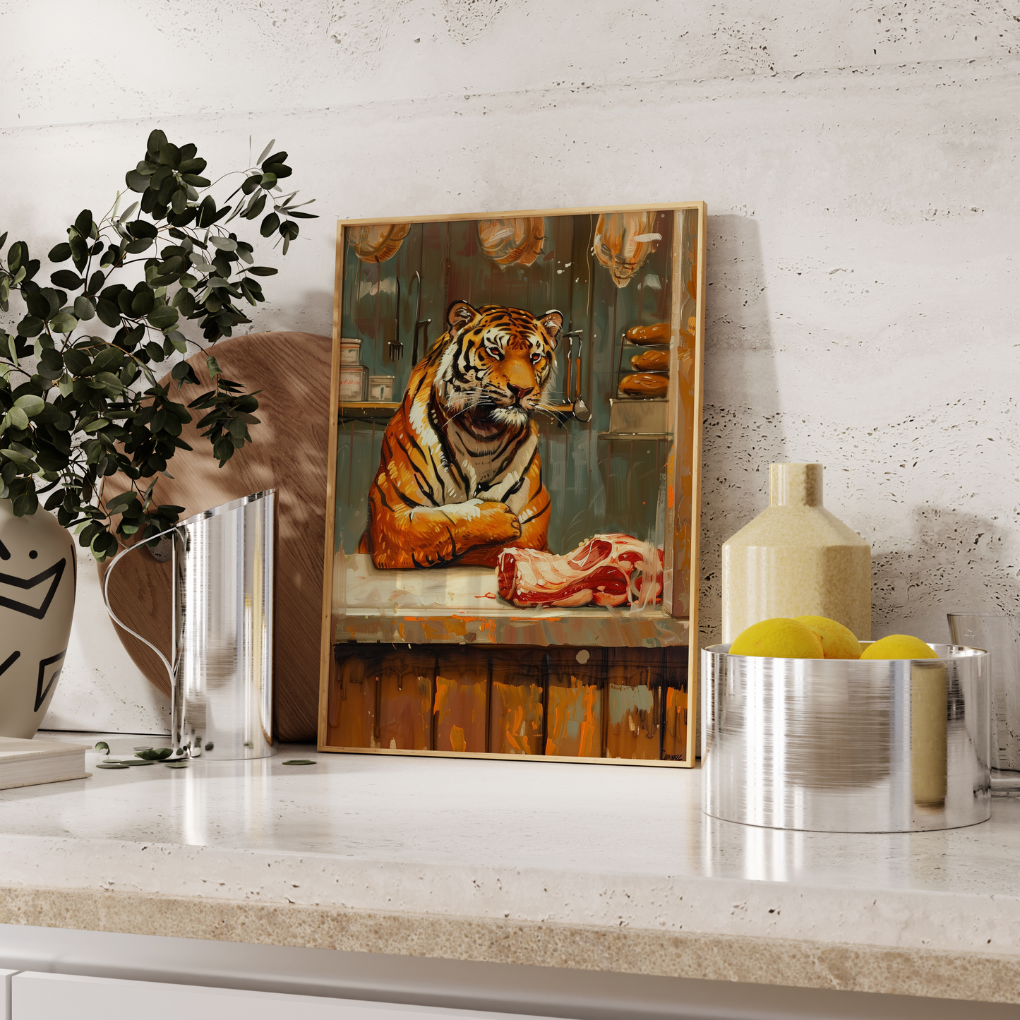 Paw Prints framed poster of a tiger butcher shop owner, with meat right in front of it, leaning against the kitchen counter. 