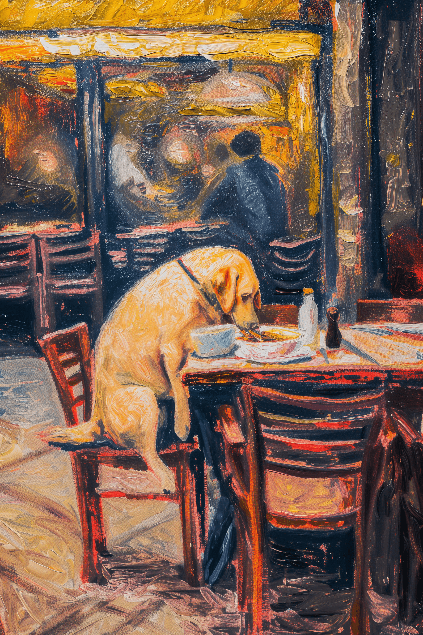 Painting of a Labrador dog eating dinner at an American diner - Paw Prints