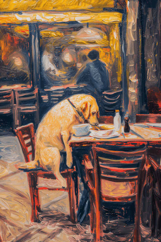 Painting of a Labrador dog eating dinner at an American diner - Paw Prints