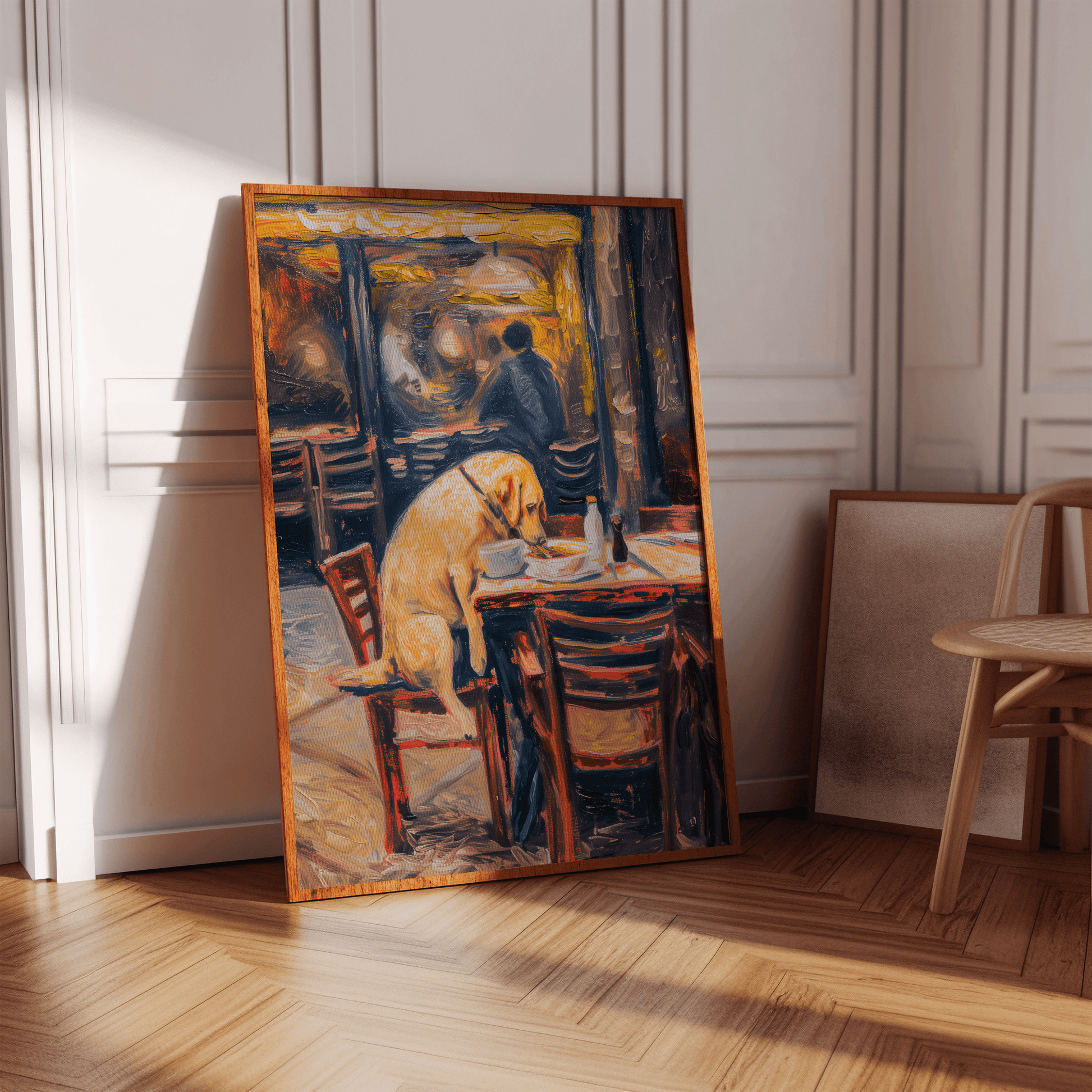 Painting of a Labrador dog eating dinner at an American diner, in a hallway - Paw Prints