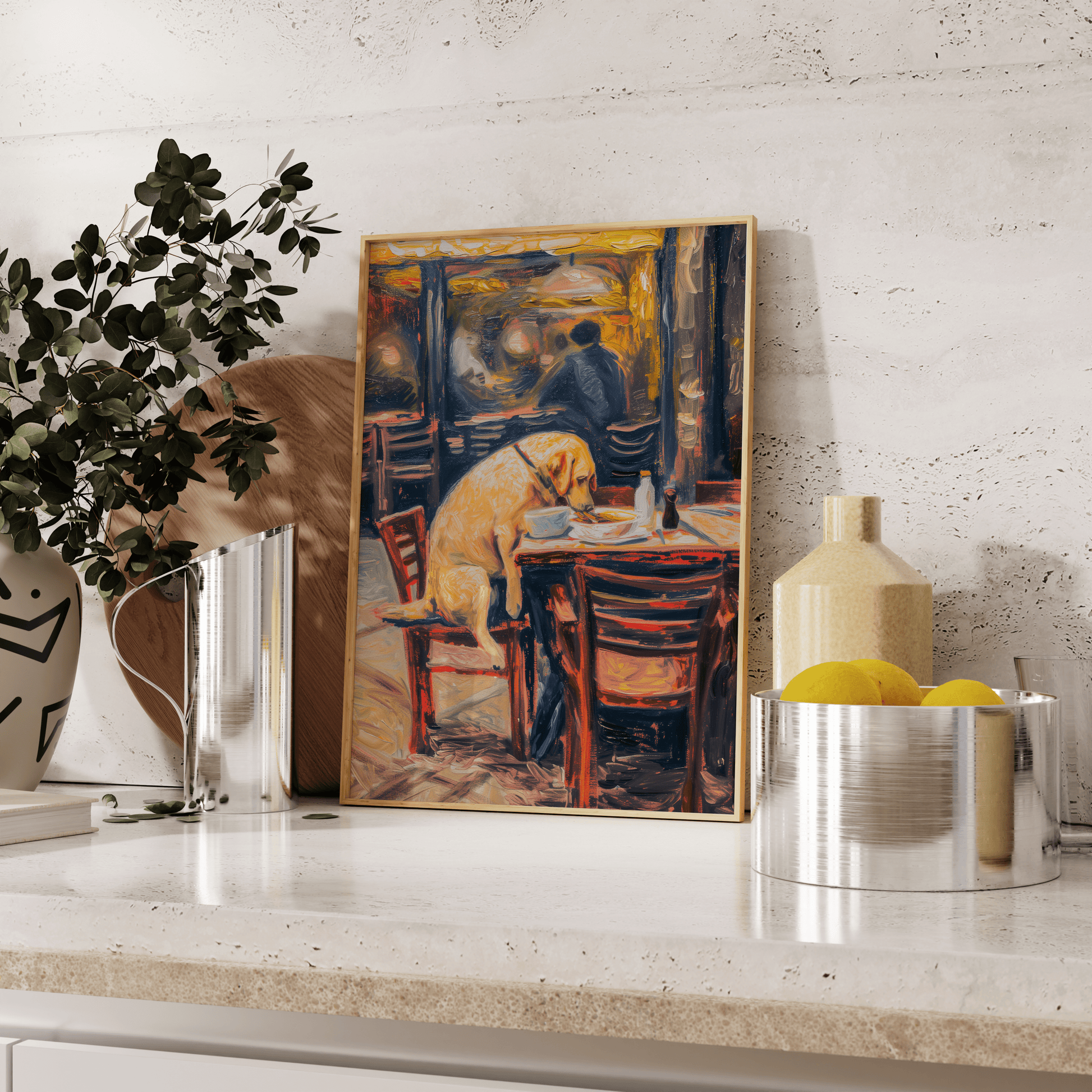 Painting of a Labrador dog eating dinner at an American diner, leaning against the kitchen counter - Paw Prints