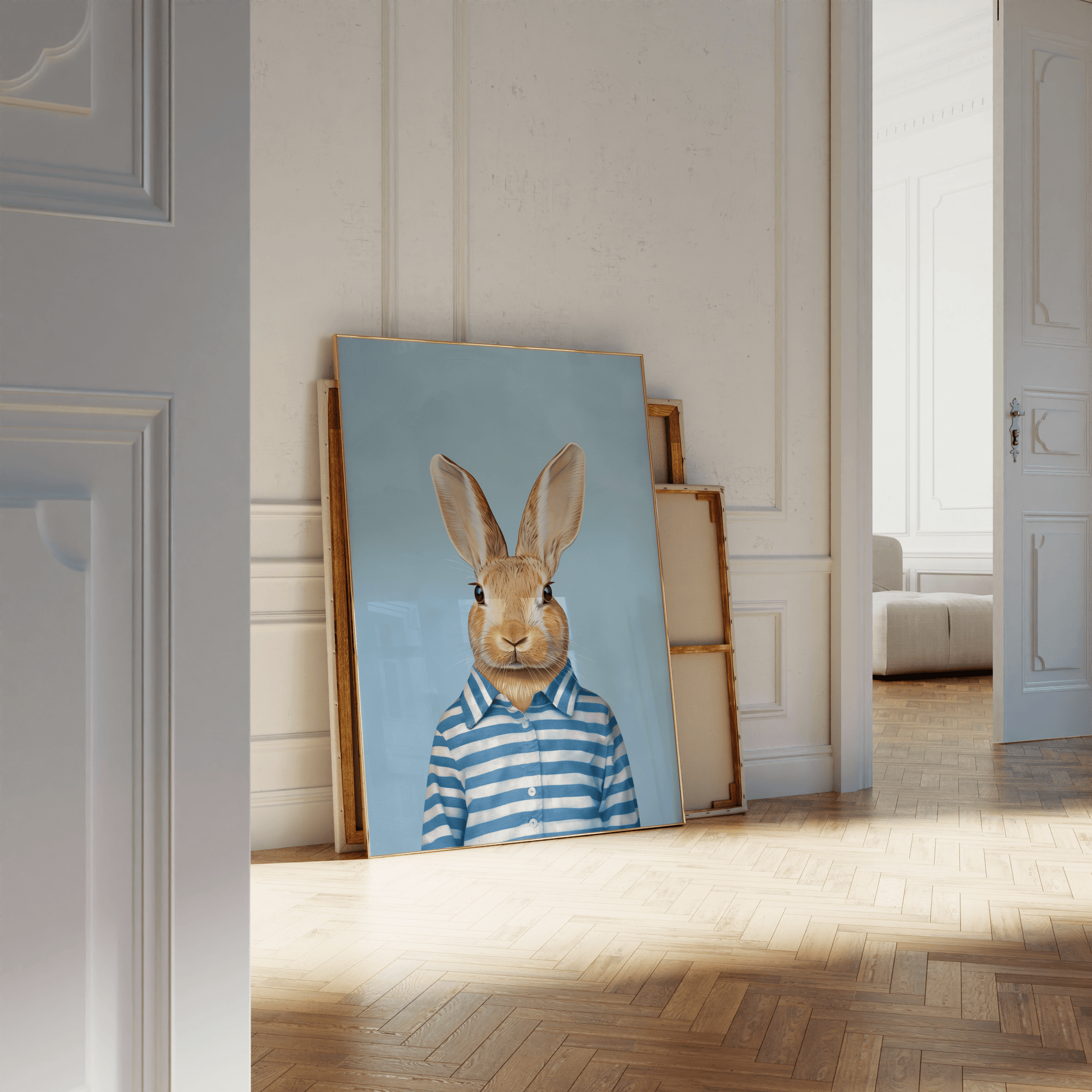 Portrait of a rabbit wearing stipped blue and white pajamas, leaning against a white bathroom wall - Paw Prints