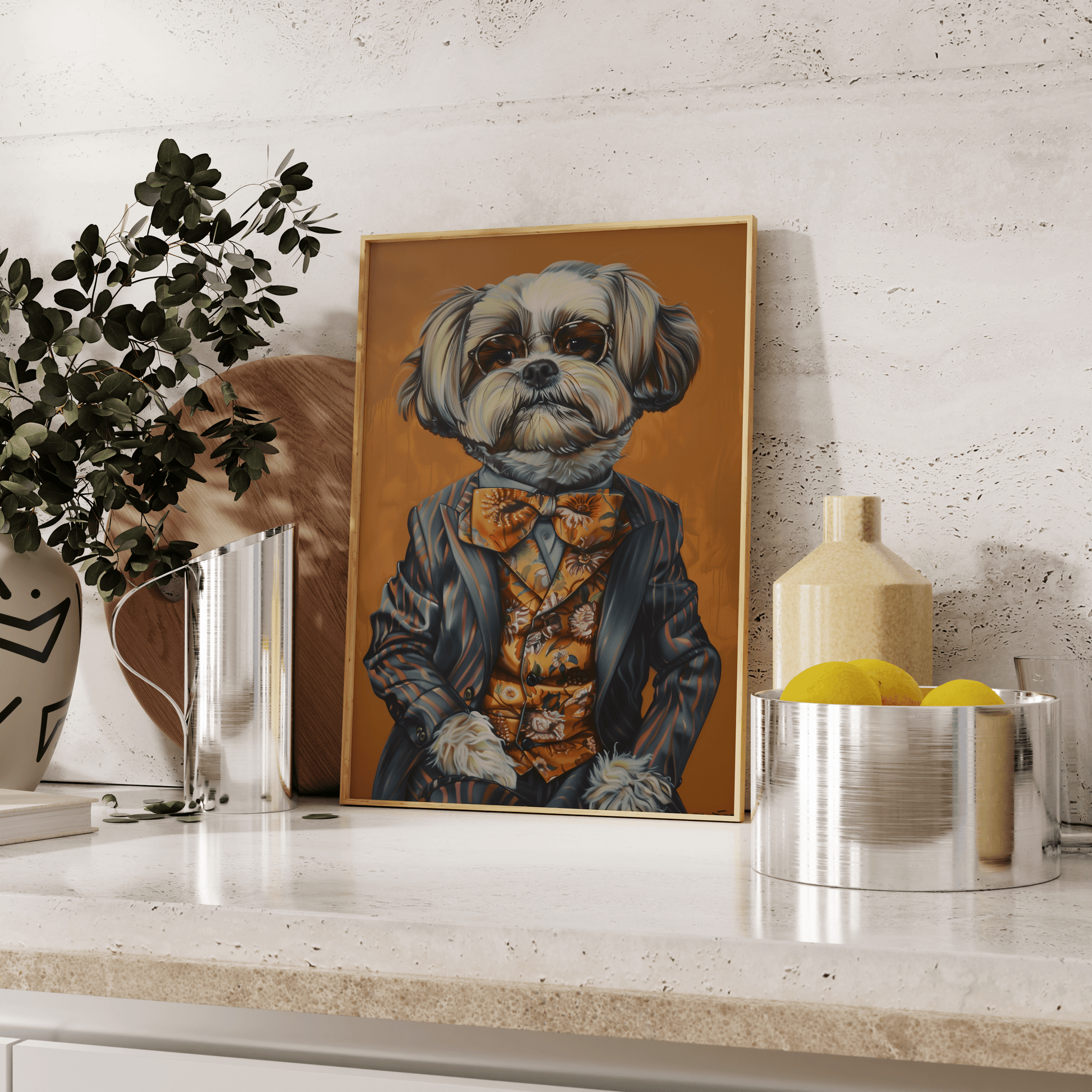 Vintage painting of a dog dressed in a patterned suit and a floral tie, leaning against the kitchen counter - Paw Prints