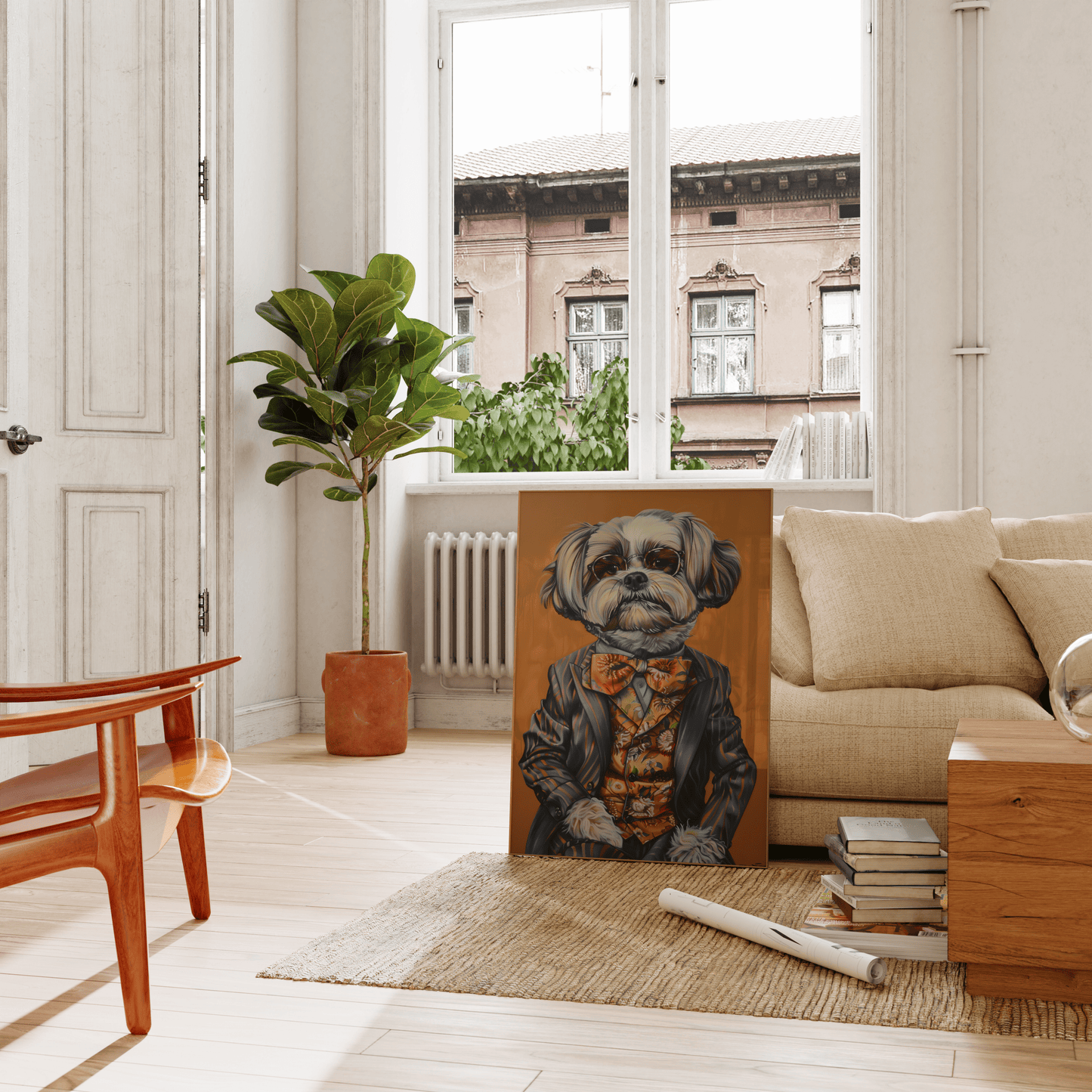 Vintage painting of a dog dressed in a patterned suit and a floral tie, leaning against the living room couch - Paw Prints