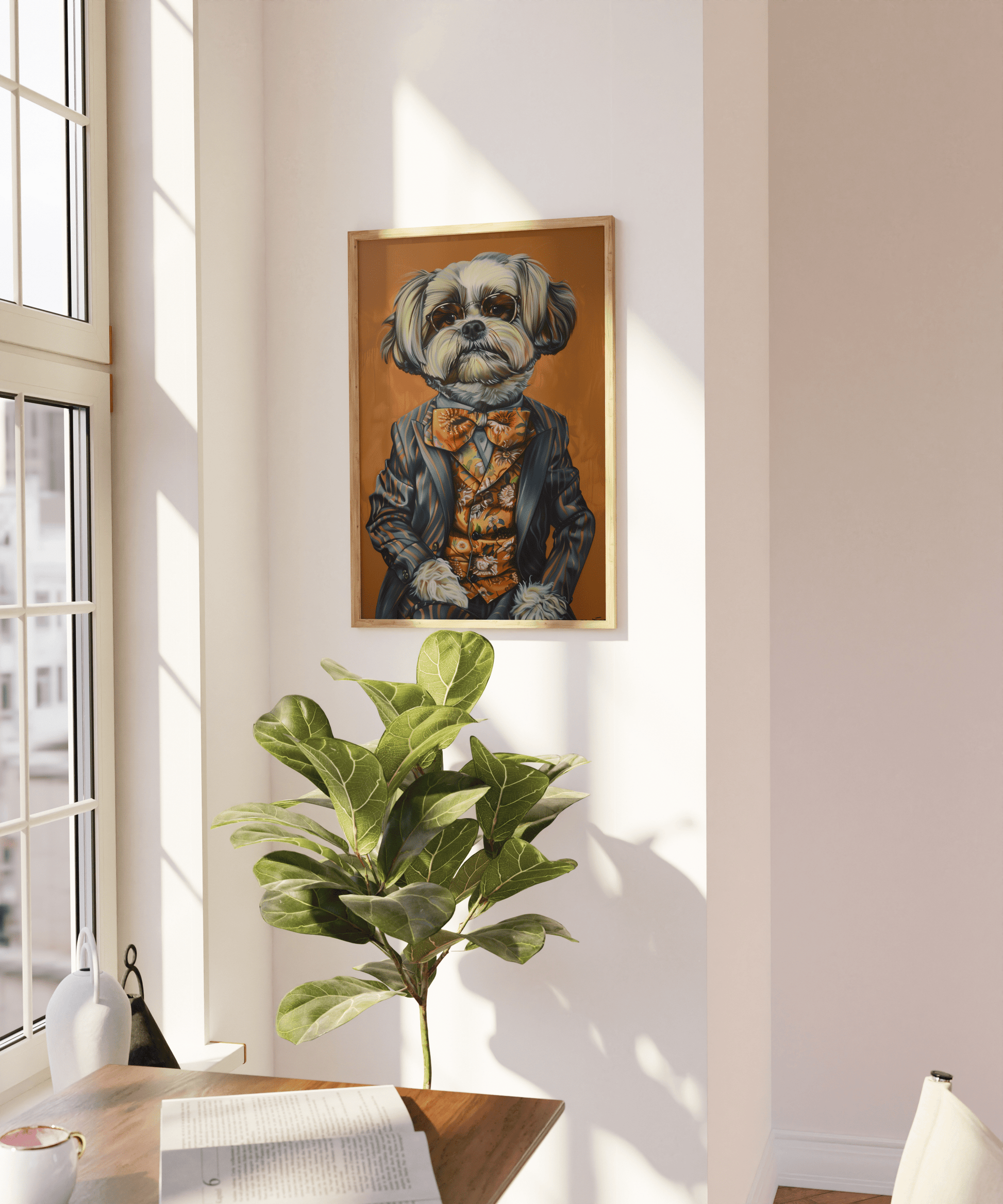 Vintage painting of a dog dressed in a patterned suit and a floral tie, on a blank wall - Paw Prints
