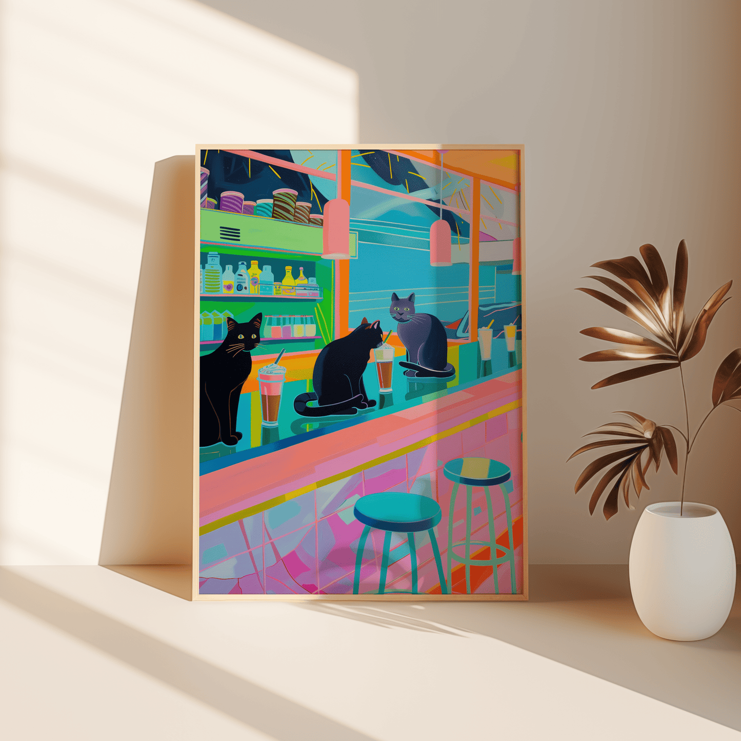 Poster of 3 black cats drinking strawberry milkshakes at an American Diner, leaning against the bedroom floor - Paw Prints