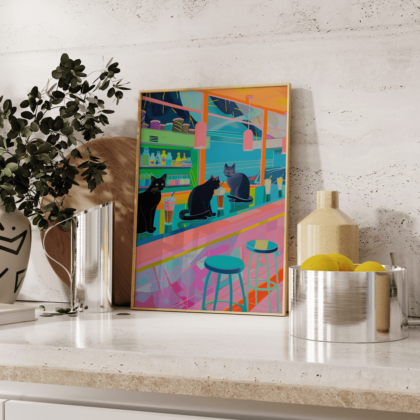Poster of 3 black cats drinking strawberry milkshakes at an American Diner, leaning against the kitchen counter - Paw Prints