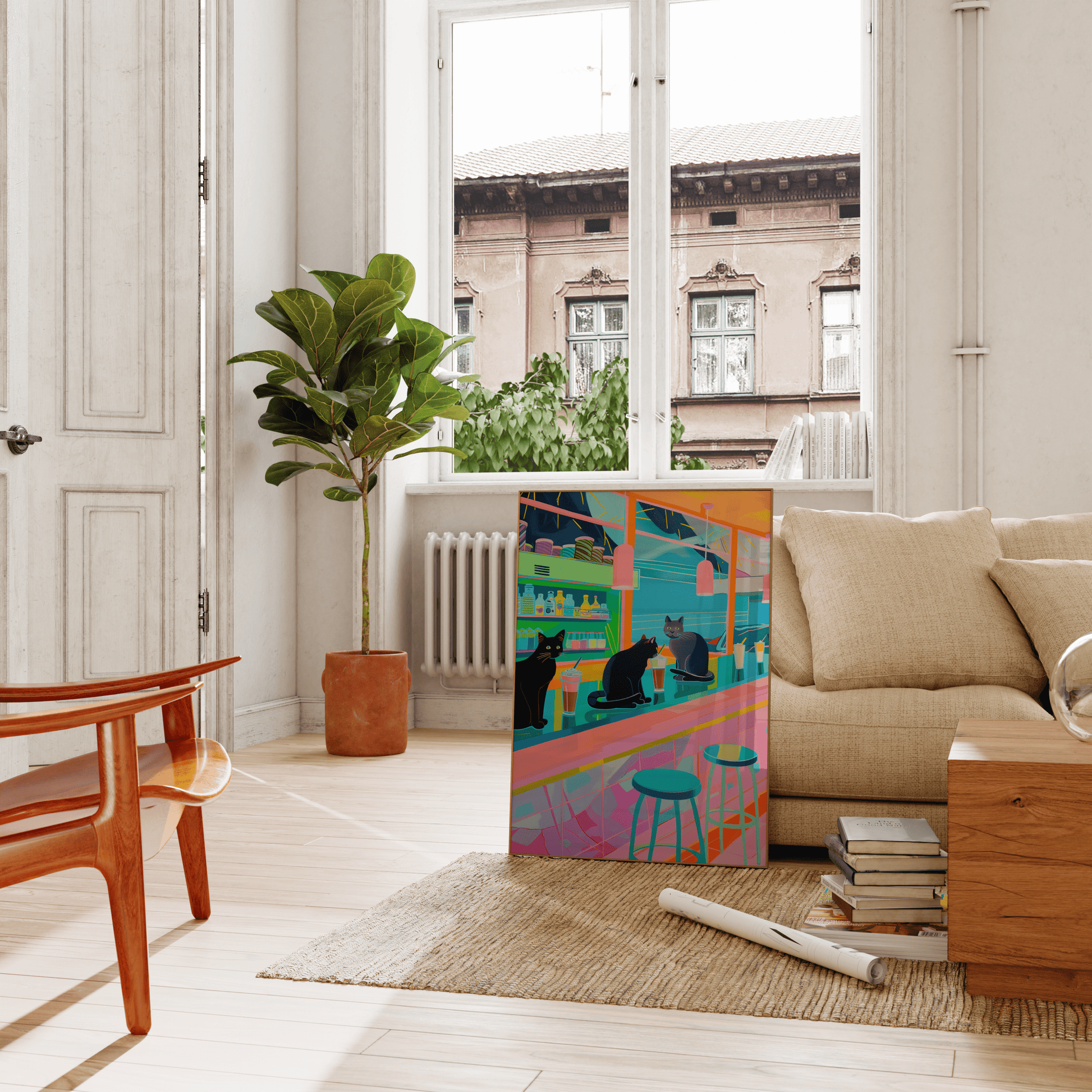 Poster of 3 black cats drinking strawberry milkshakes at an American Diner, leaning against the living room couch - Paw Prints