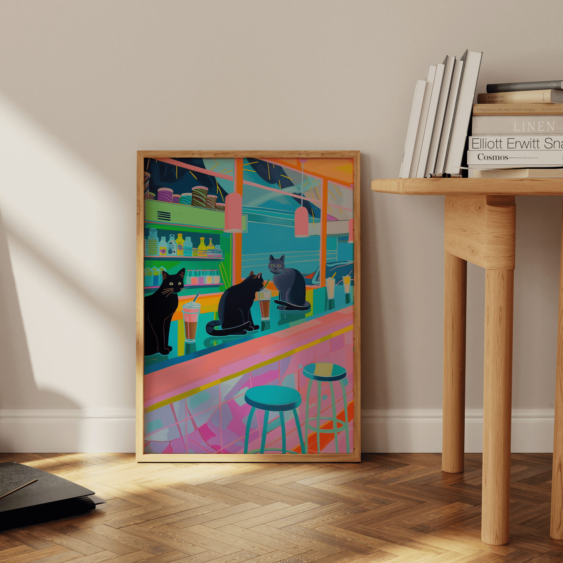 Poster of 3 black cats drinking strawberry milkshakes at an American Diner, leaning against the office wall - Paw Prints