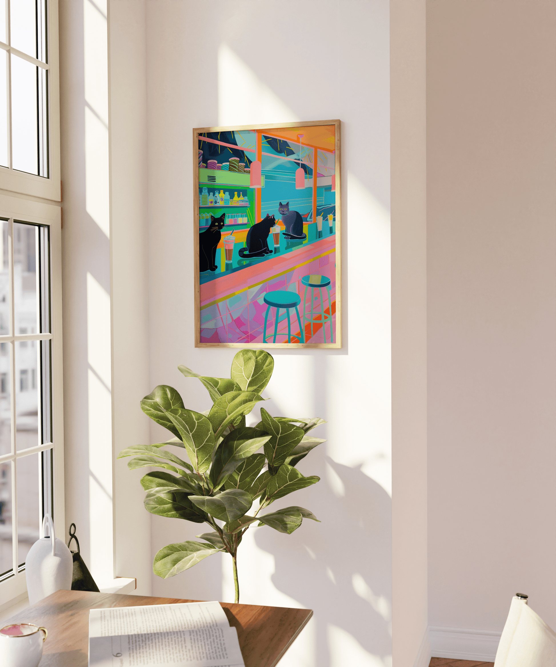 Poster of 3 black cats drinking strawberry milkshakes at an American Diner, on a blank wall - Paw Prints