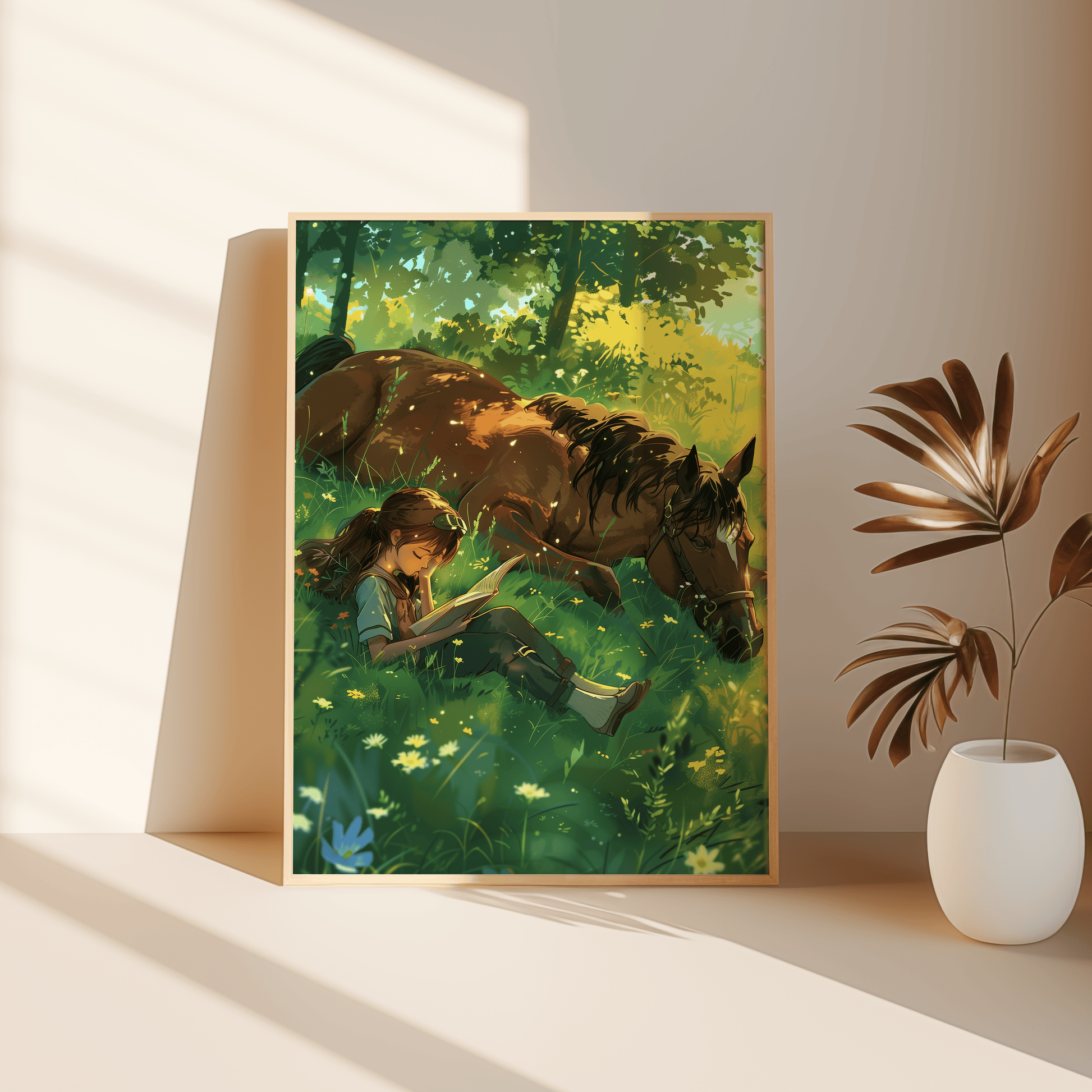 Studio Ghibli painting of a girl reading on a grass field with her horse, leaning against the bedroom floor - Paw Prints
