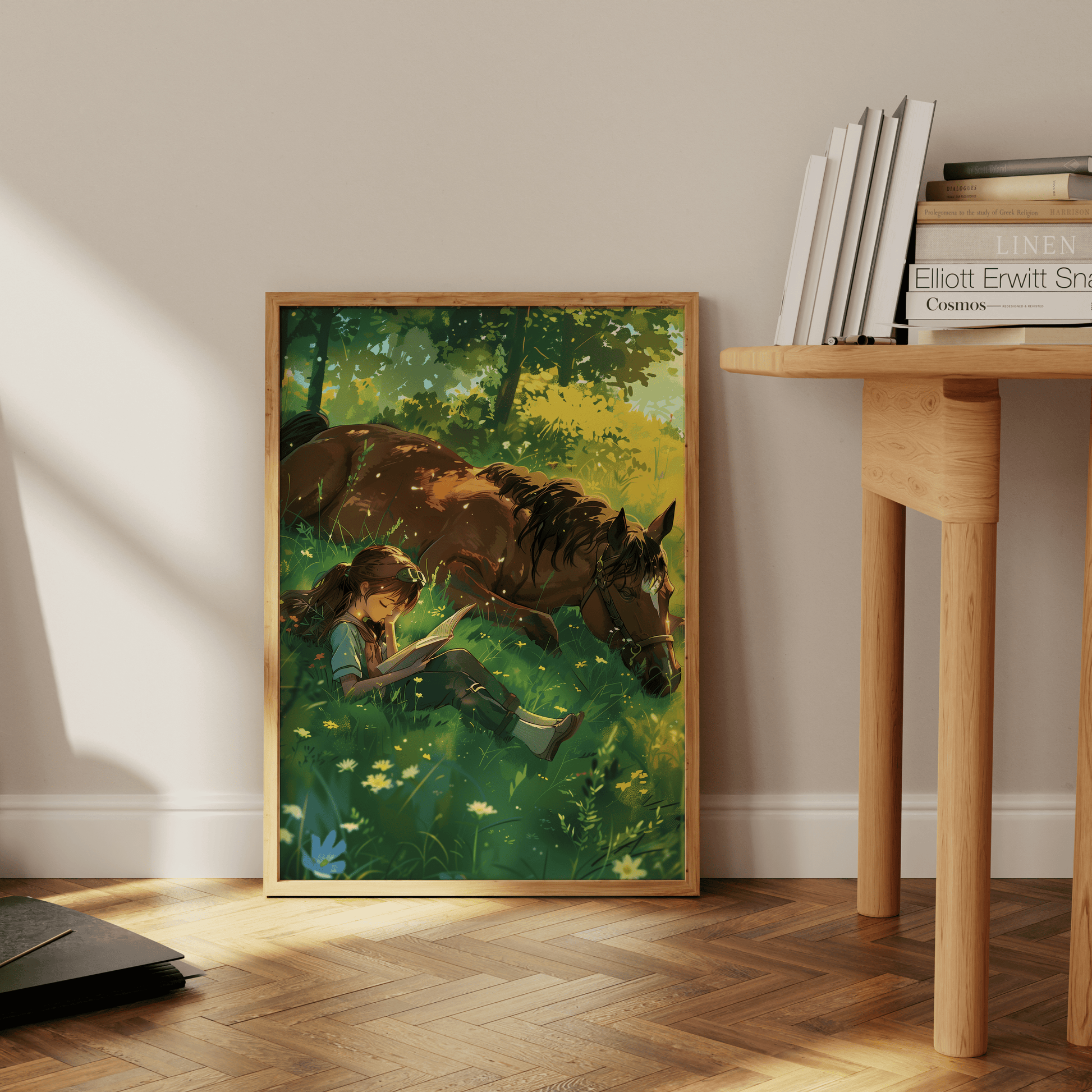 Studio Ghibli painting of a girl reading on a grass field with her horse, leaning against the office wall - Paw Prints