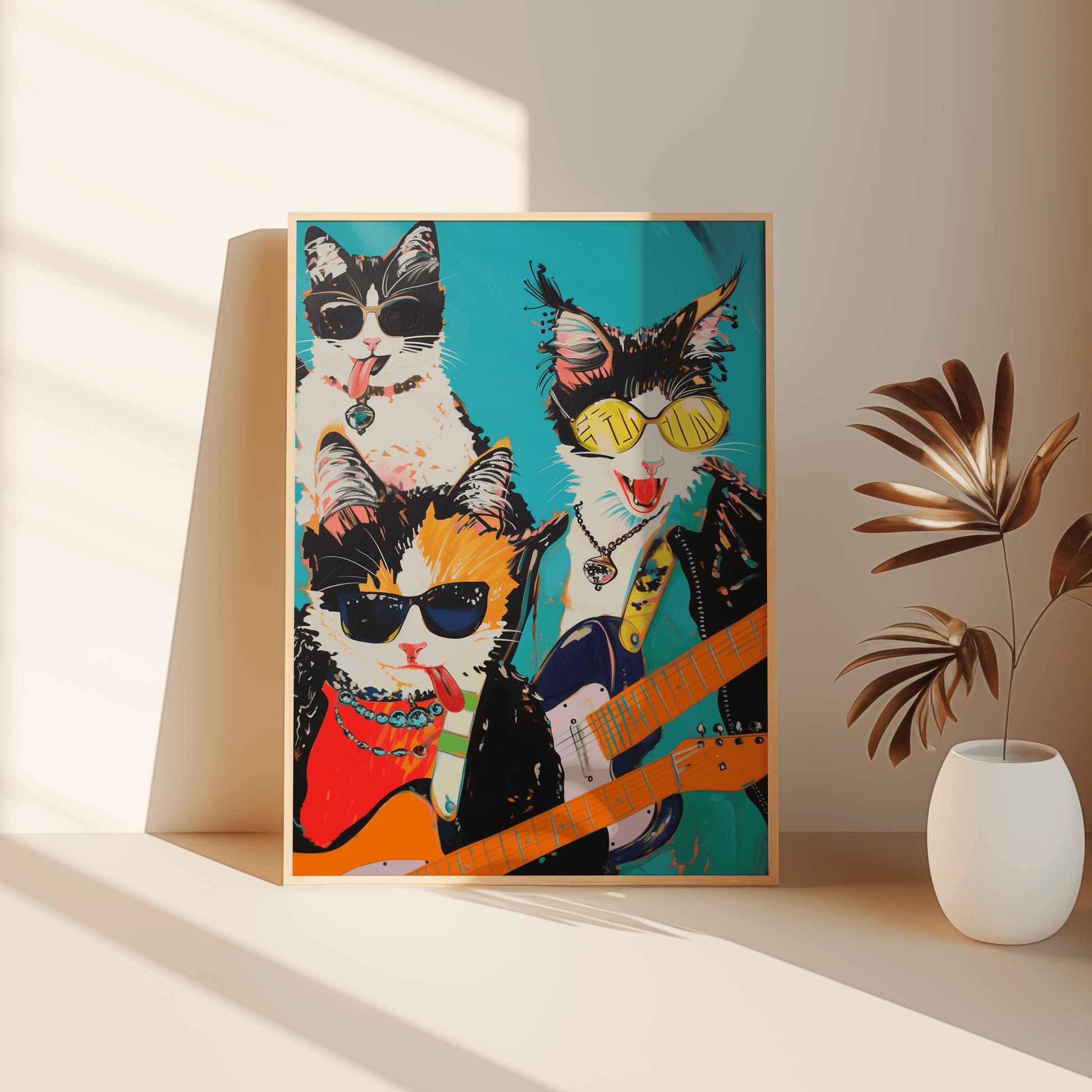 Framed poster of a rock band with three cats, holding electric guitars, leaning against the bedroom floor - Paw Prints