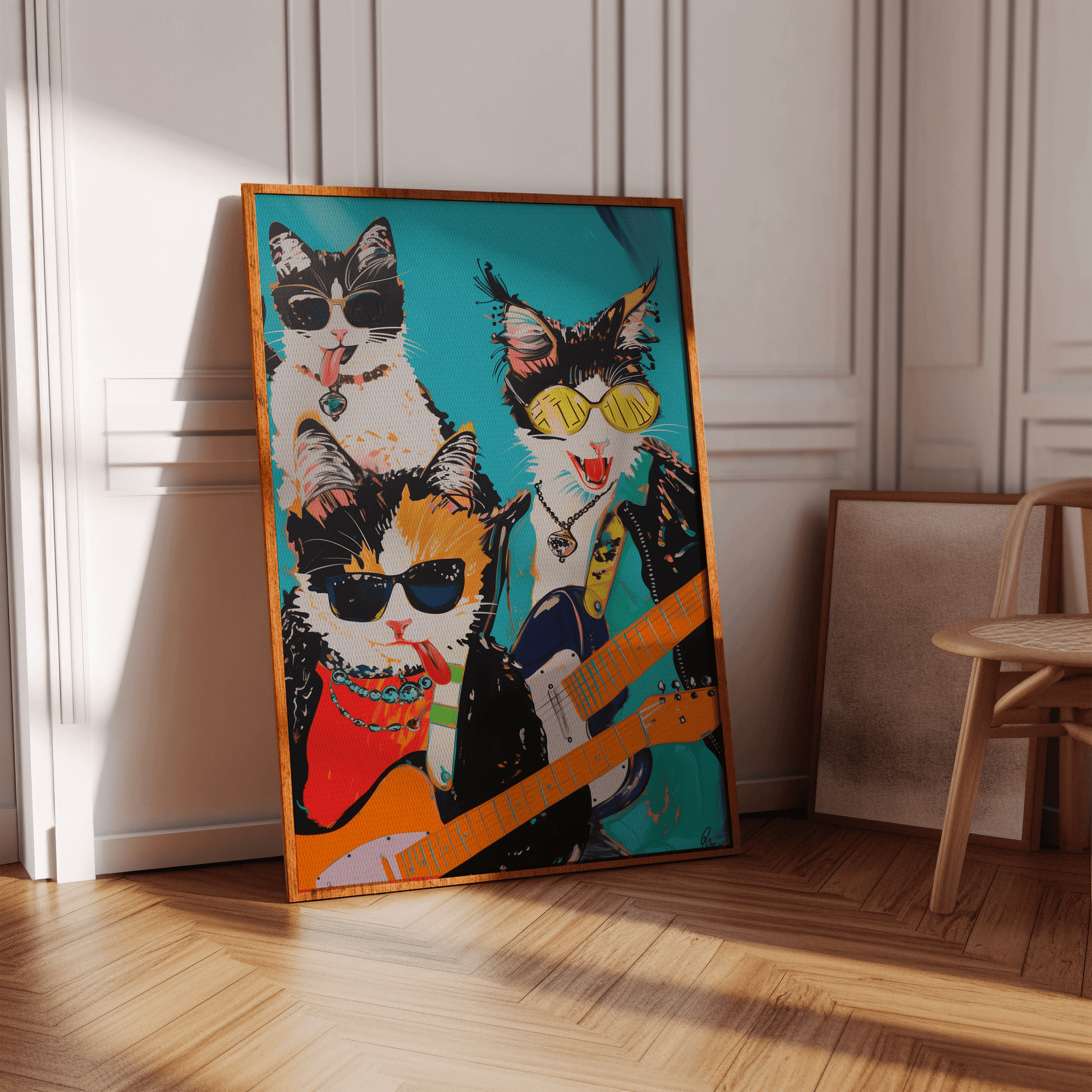 Framed poster of a rock band with three cats in leather jackets, holding electric guitars, in a hallway - Paw Prints