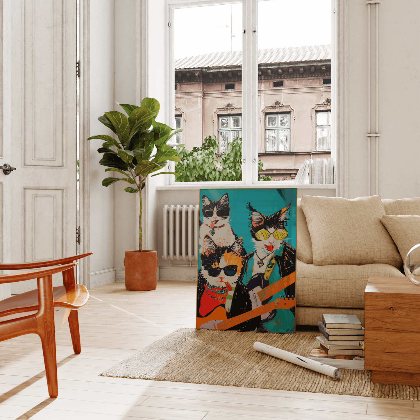 Framed poster of a rock band with three cats, holding electric guitars, leaning against the living room couch - Paw Prints