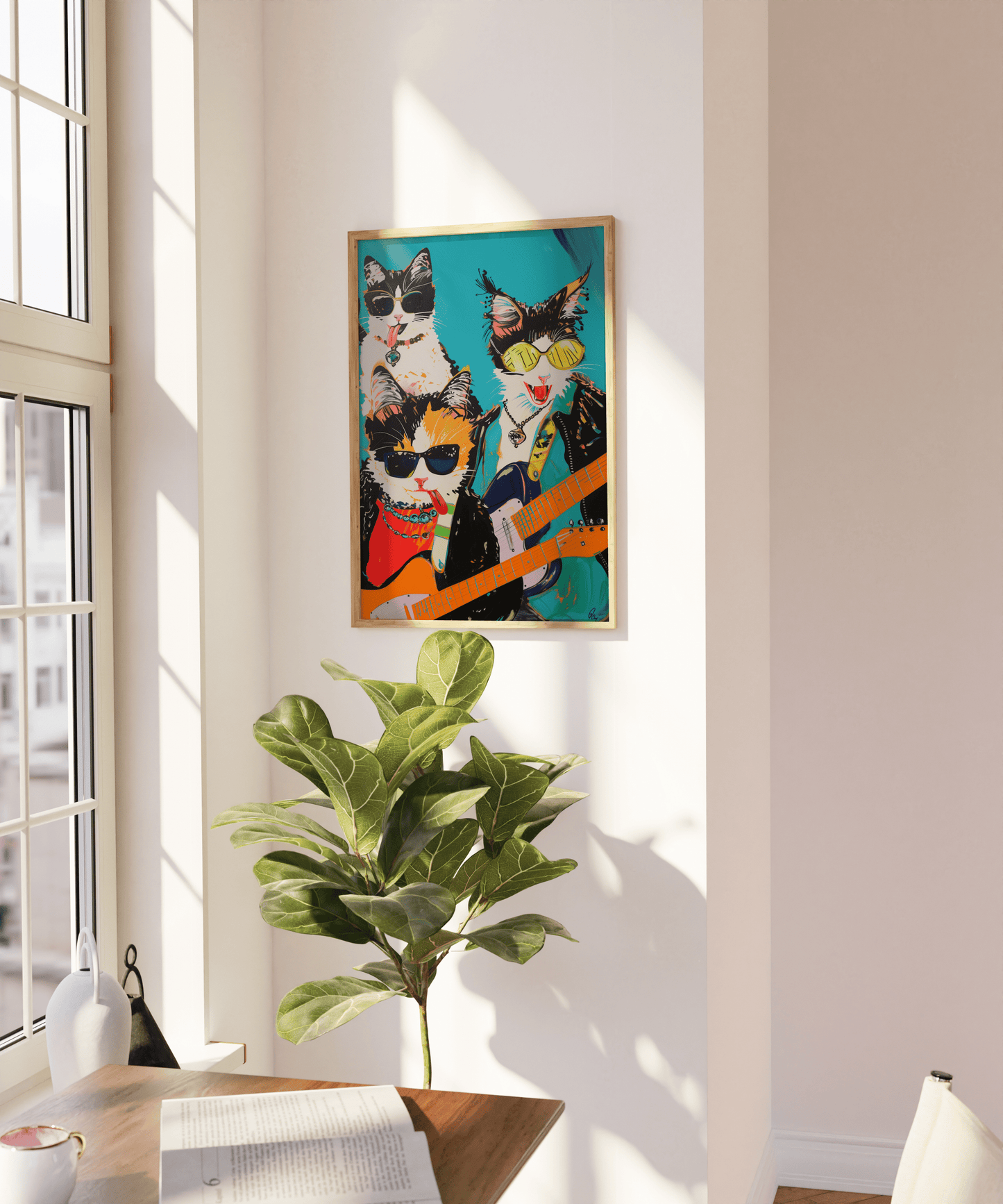 Framed poster of a rock band with three cats, holding electric guitars, on a blank wall - Paw Prints