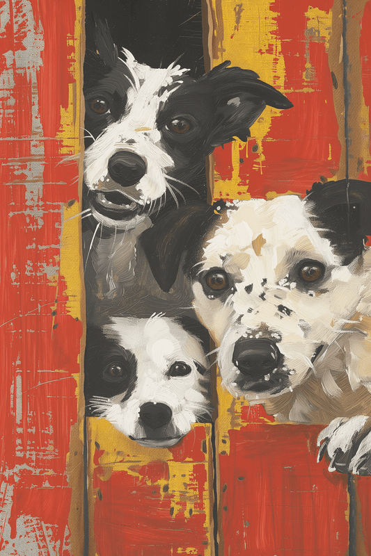 Banksy Painting of three farm dogs peaking out of red barn doors - Paw Prints