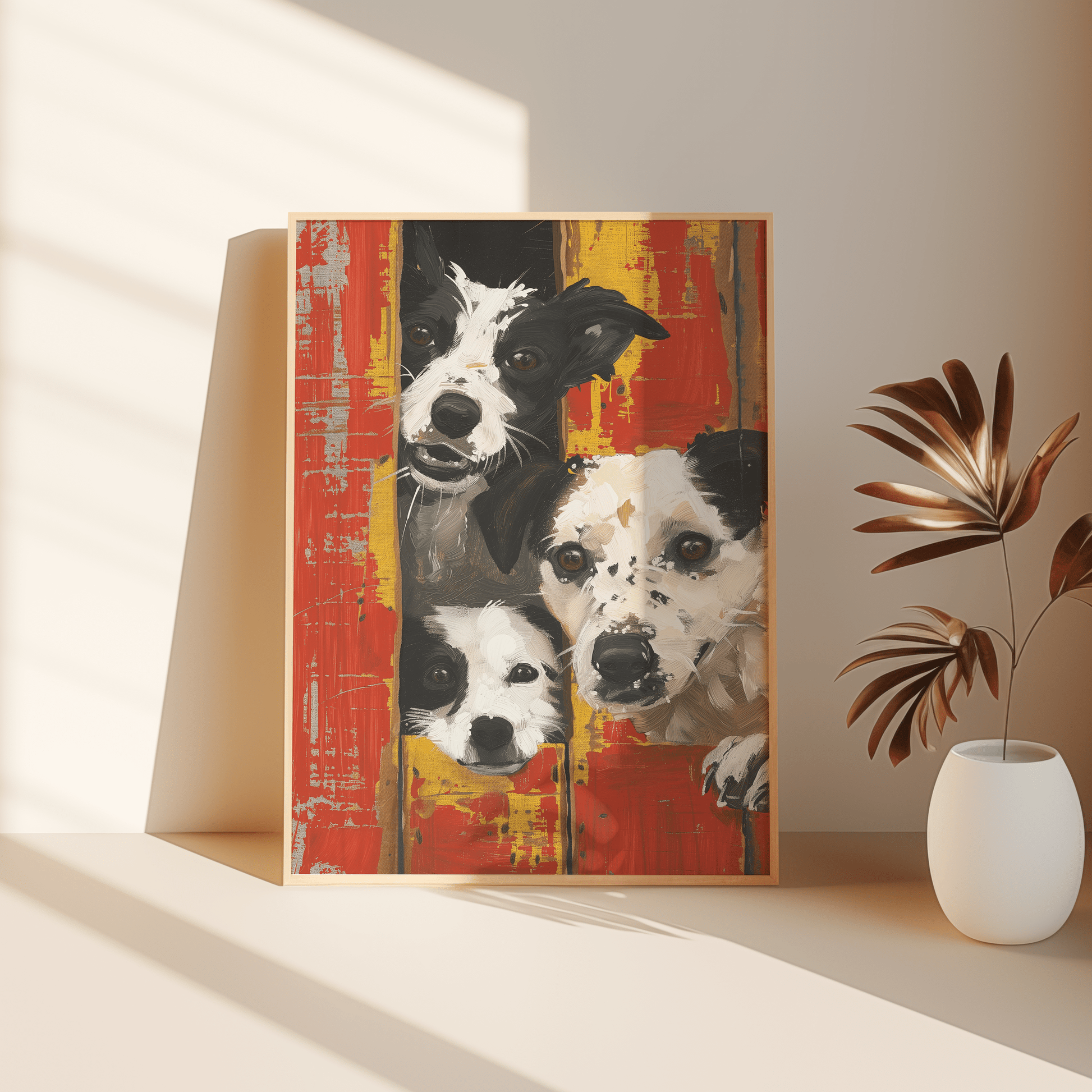Banksy framed painting of three farm dogs peaking out of red barn doors, leaning against the bedroom floor. - Paw Prints